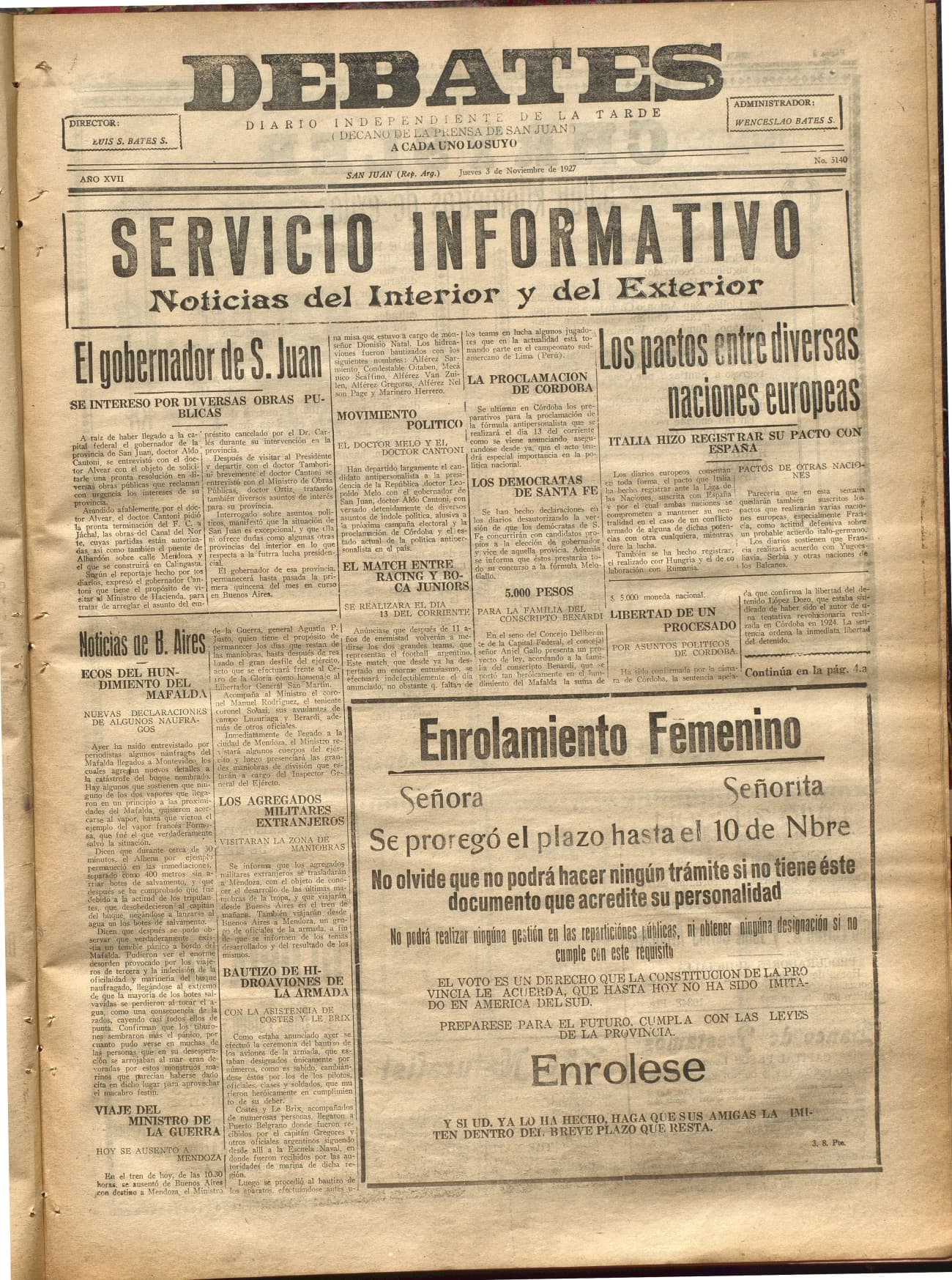 Portada · Diario Debates del 3 de noviembre de 1927