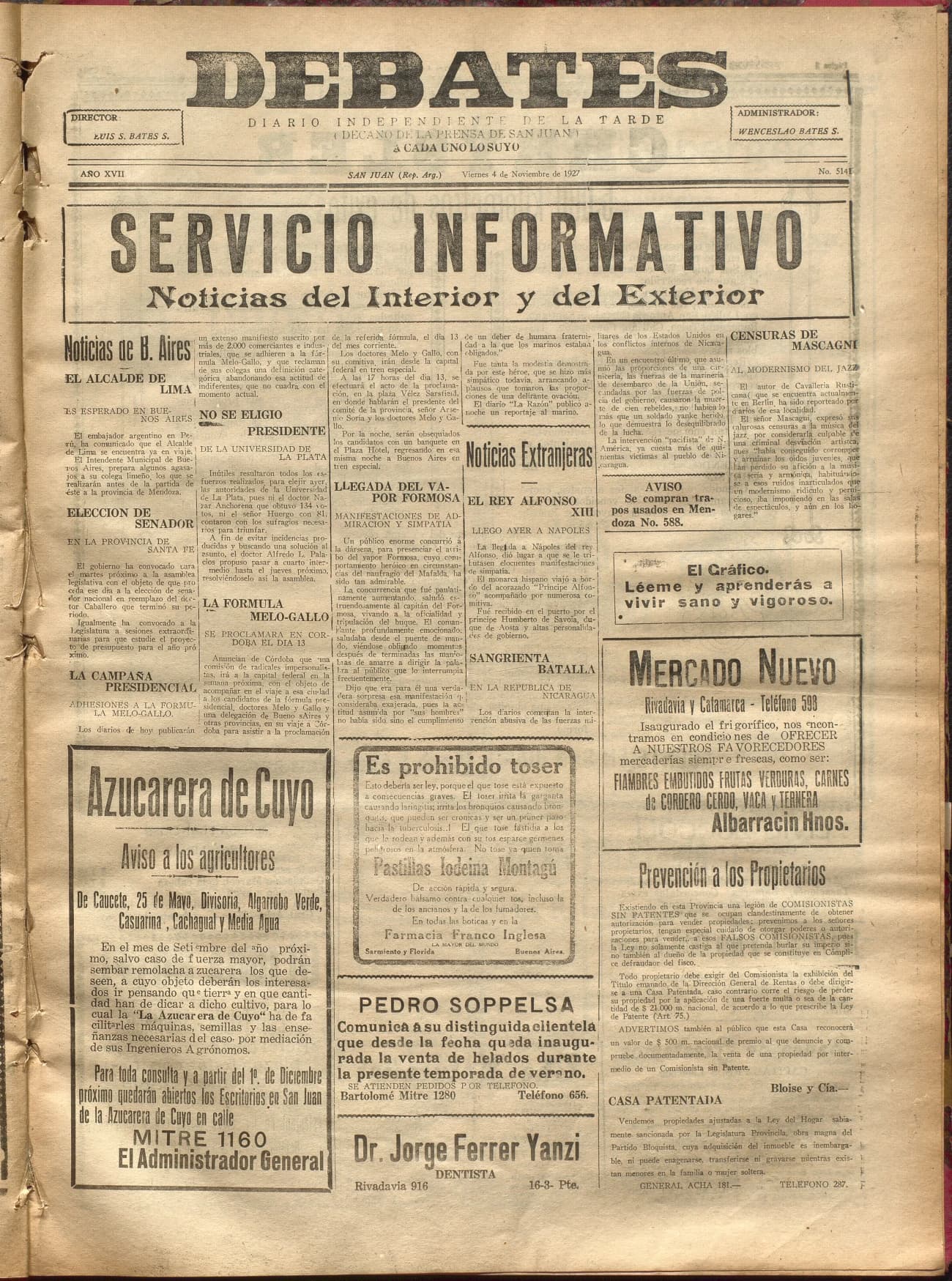 Portada · Diario Debates del 4 de noviembre de 1927