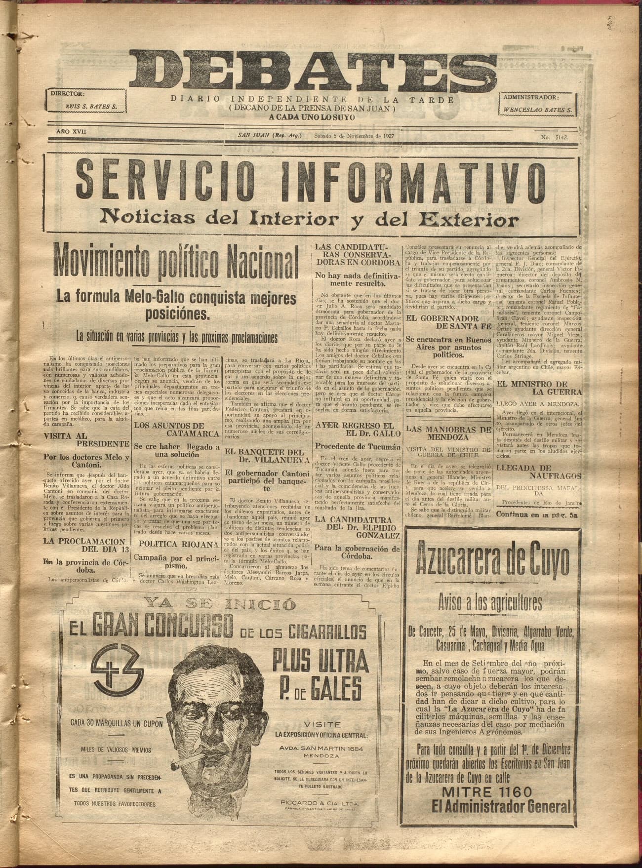 Portada · Diario Debates del 5 de noviembre de 1927