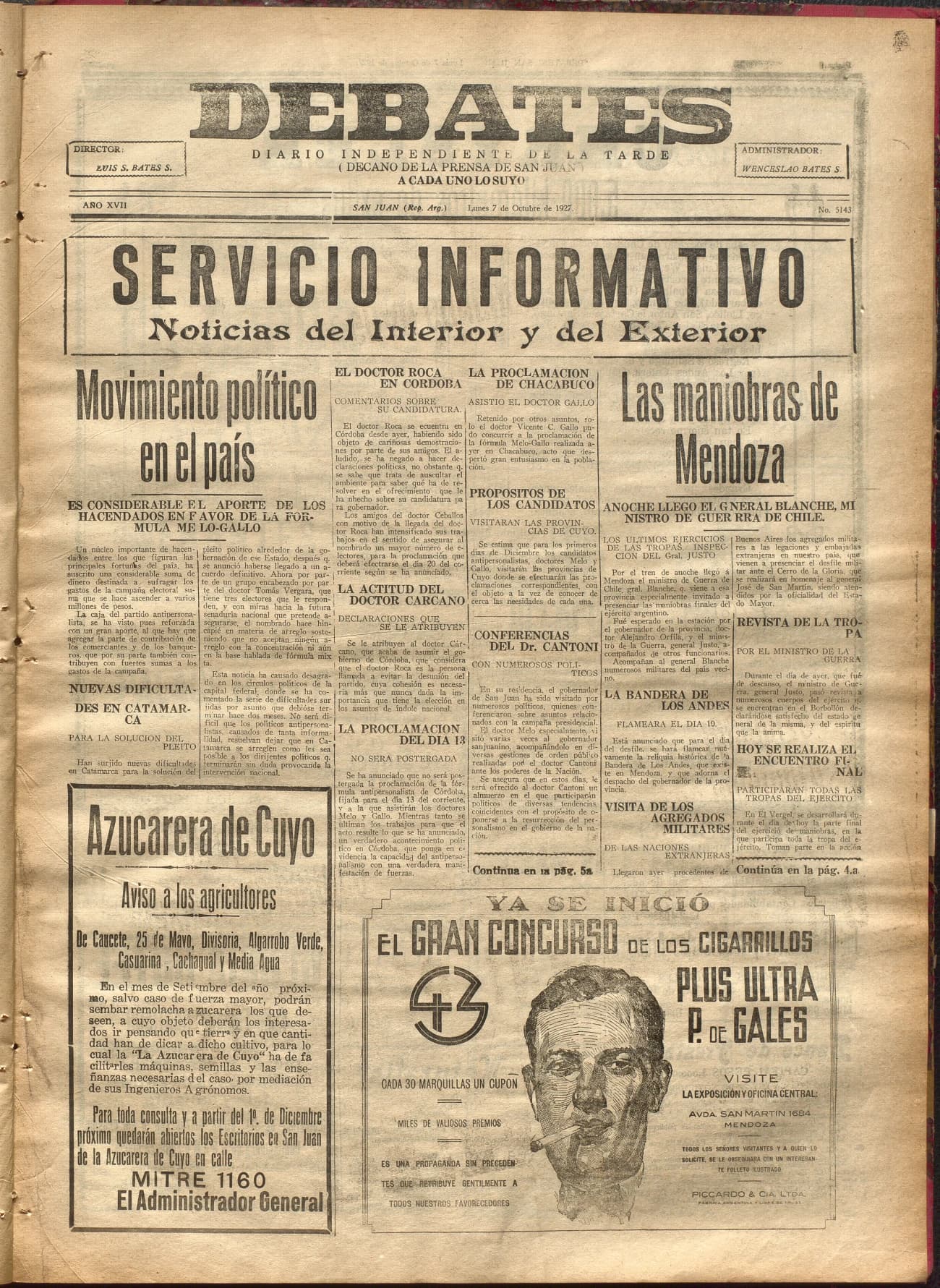 Portada · Diario Debates del 7 de noviembre de 1927