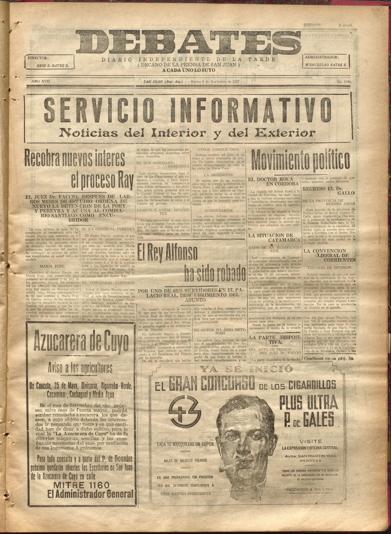 Portada · Diario Debates del 8 de noviembre de 1927