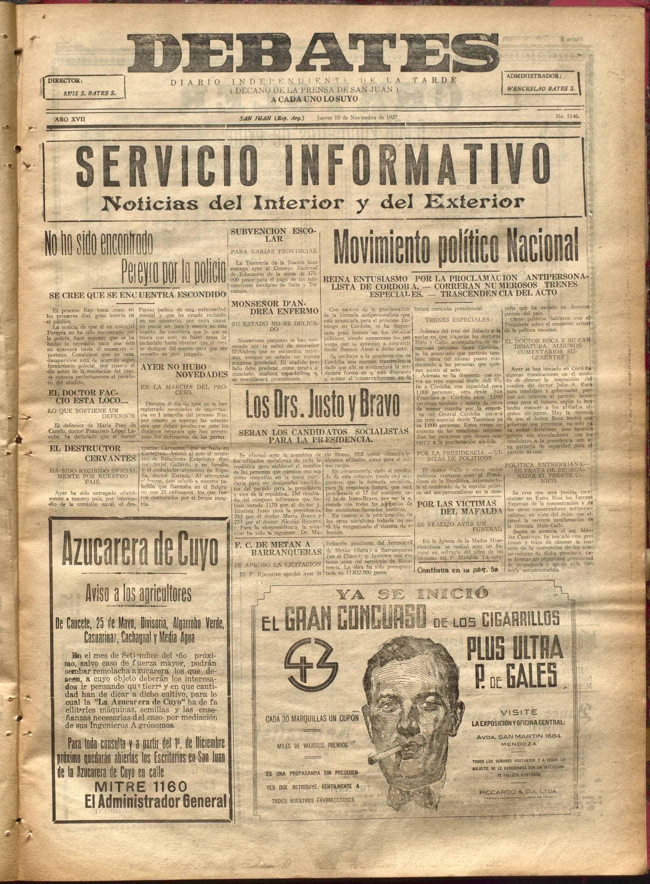 Portada · Diario Debates del 10 de noviembre de 1927