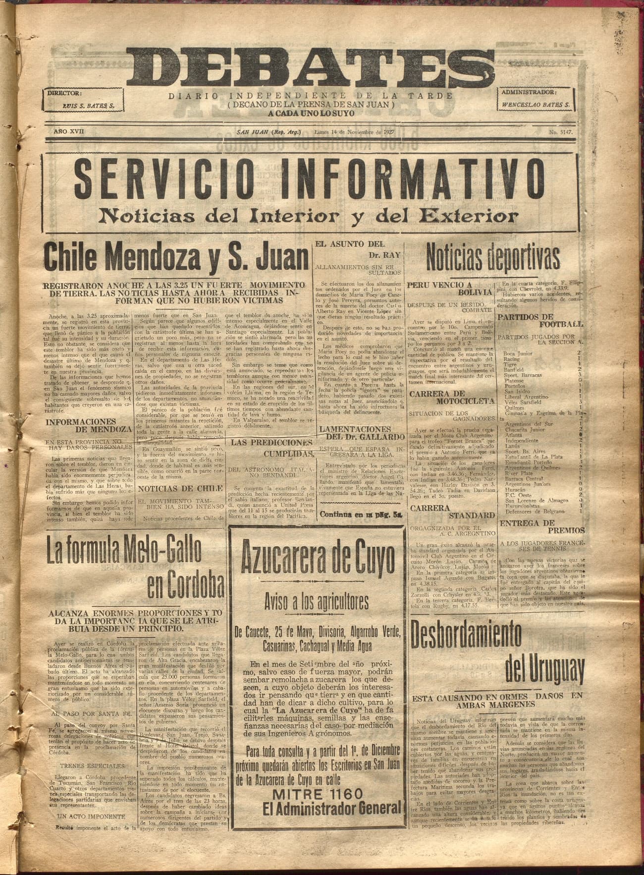 Portada · Diario Debates del 14 de noviembre de 1927