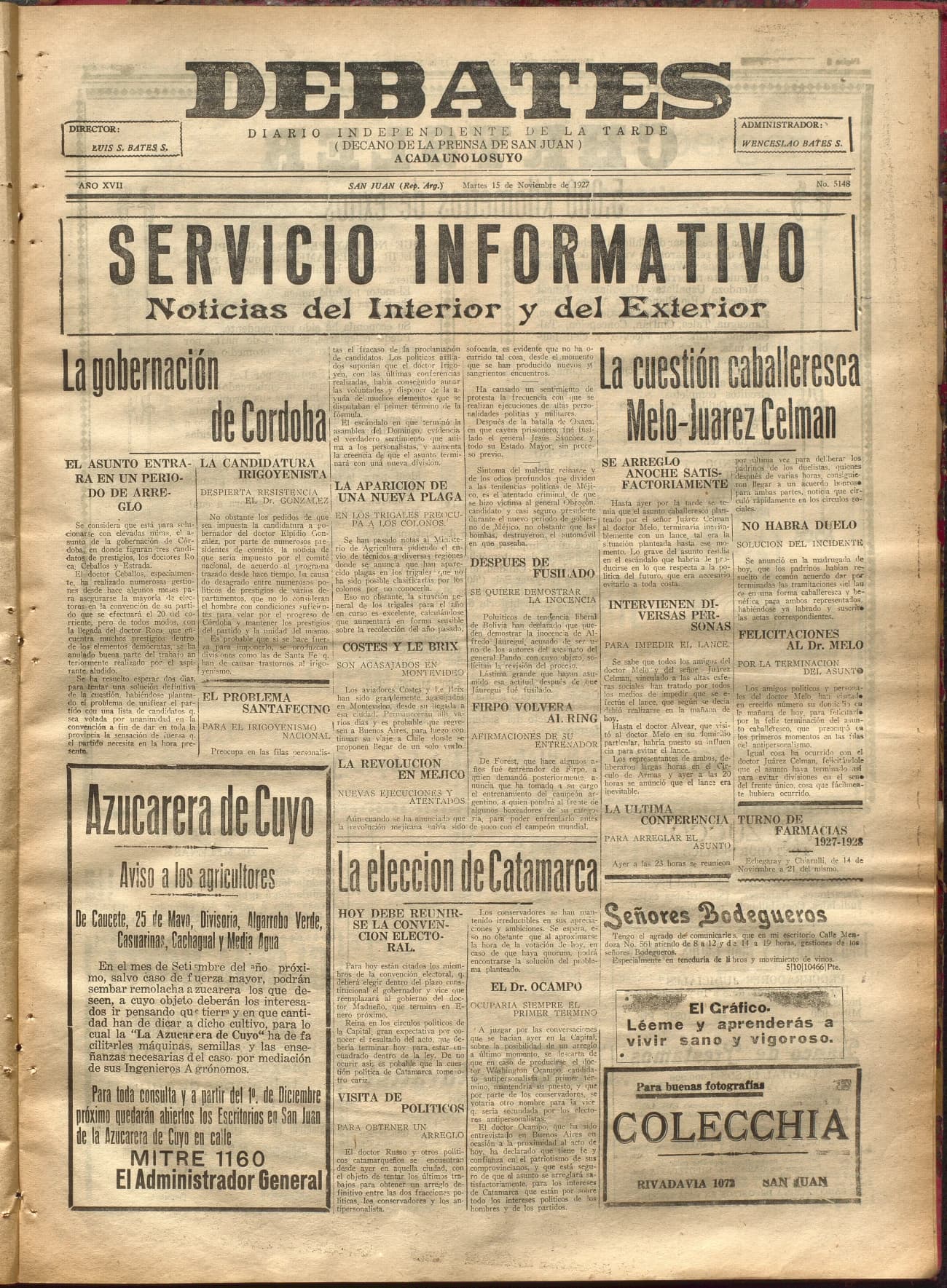 Portada · Diario Debates del 15 de noviembre de 1927