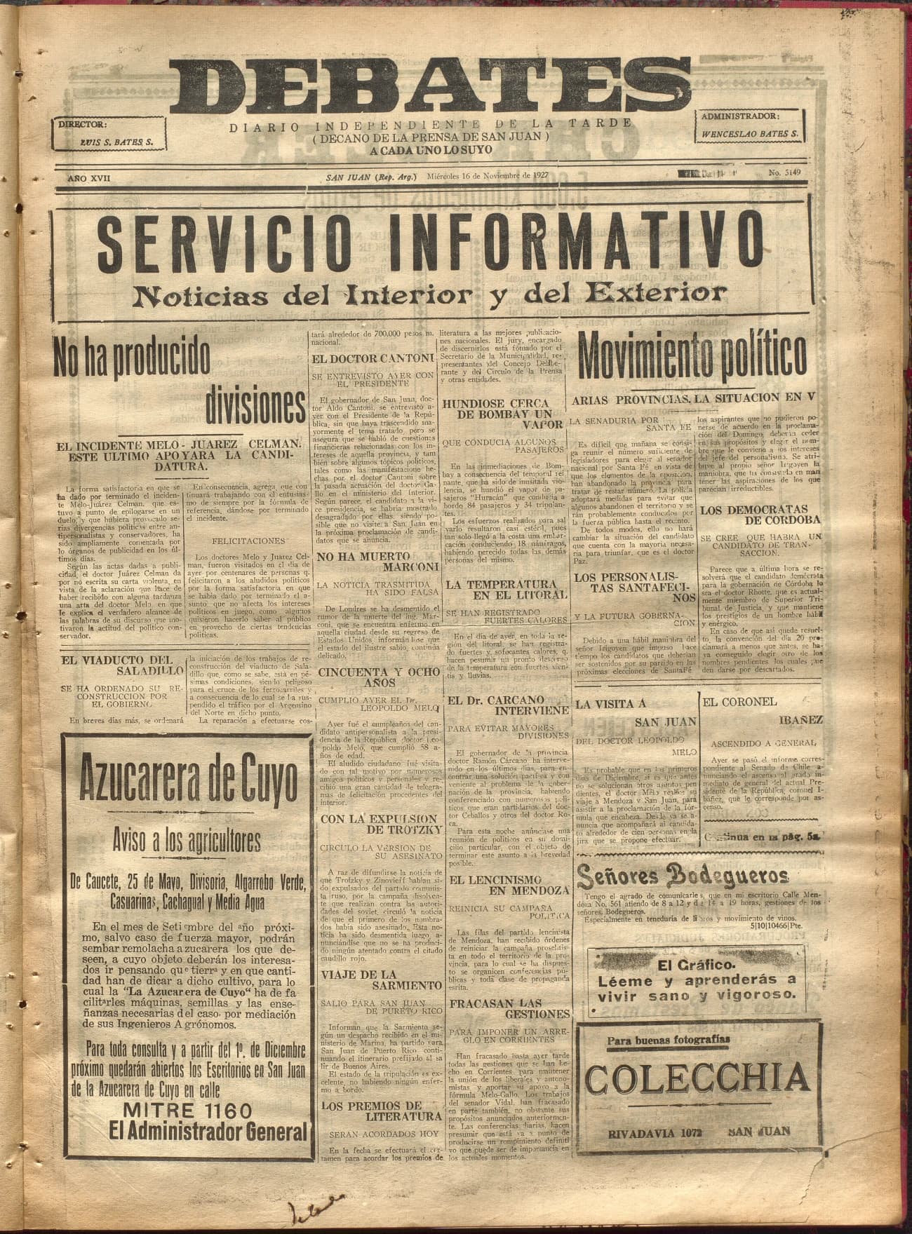 Portada · Diario Debates del 16 de noviembre de 1927