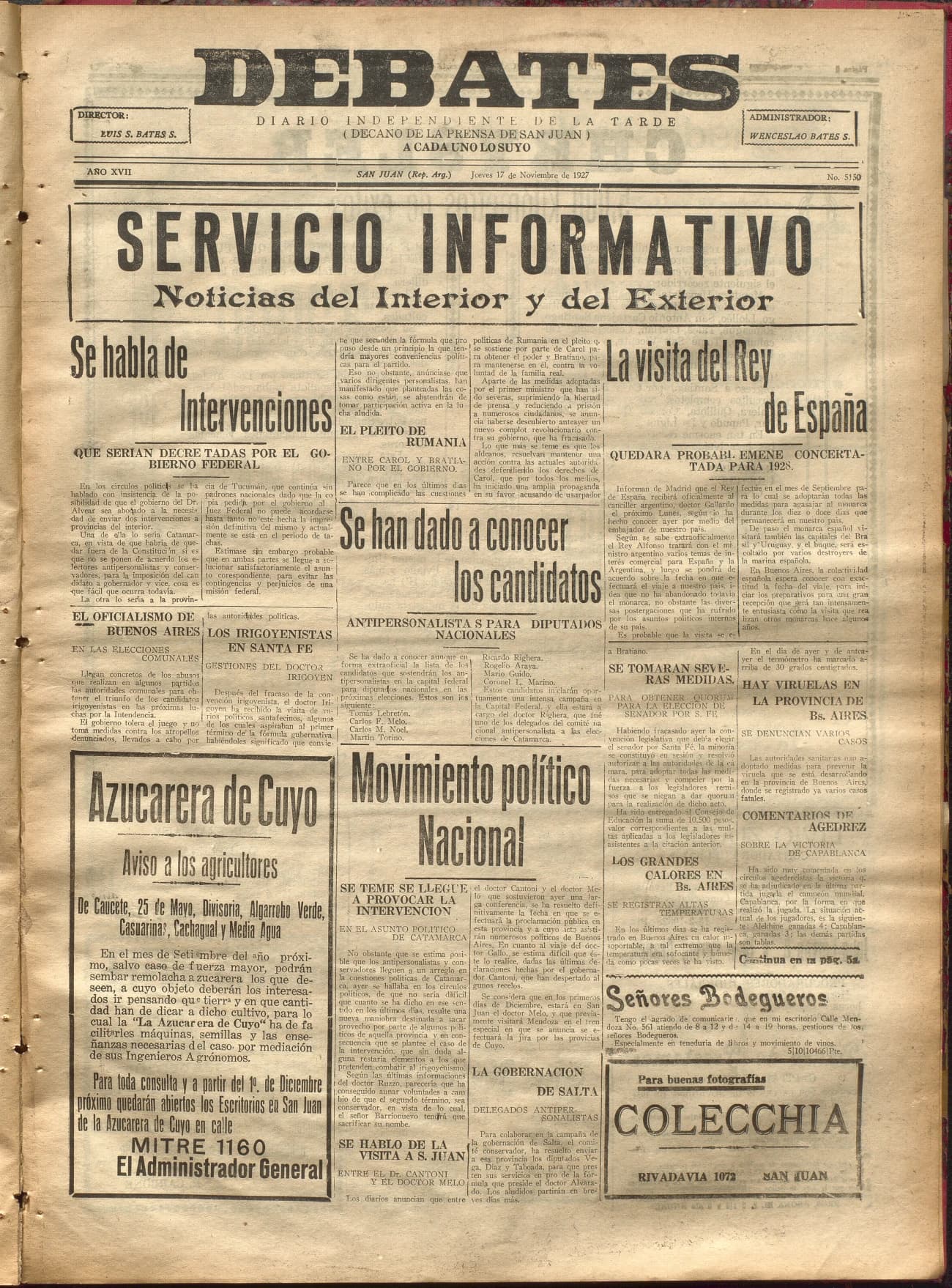 Portada · Diario Debates del 17 de noviembre de 1927