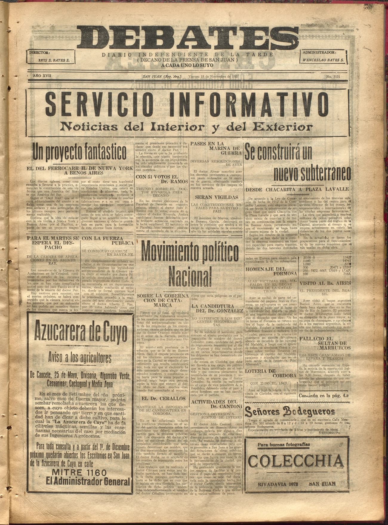 Portada · Diario Debates del 18 de noviembre de 1927