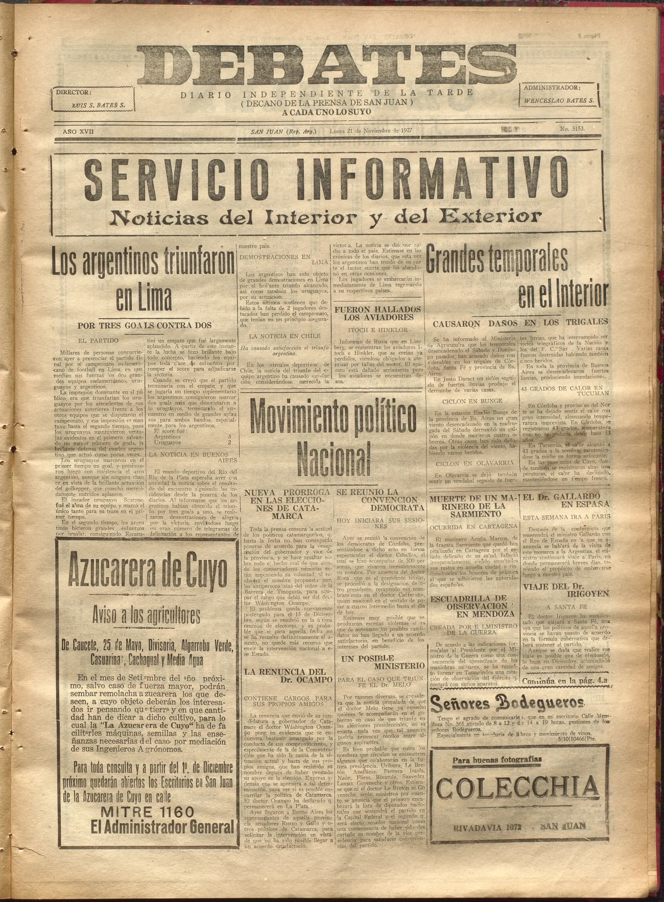 Portada · Diario Debates del 21 de noviembre de 1927