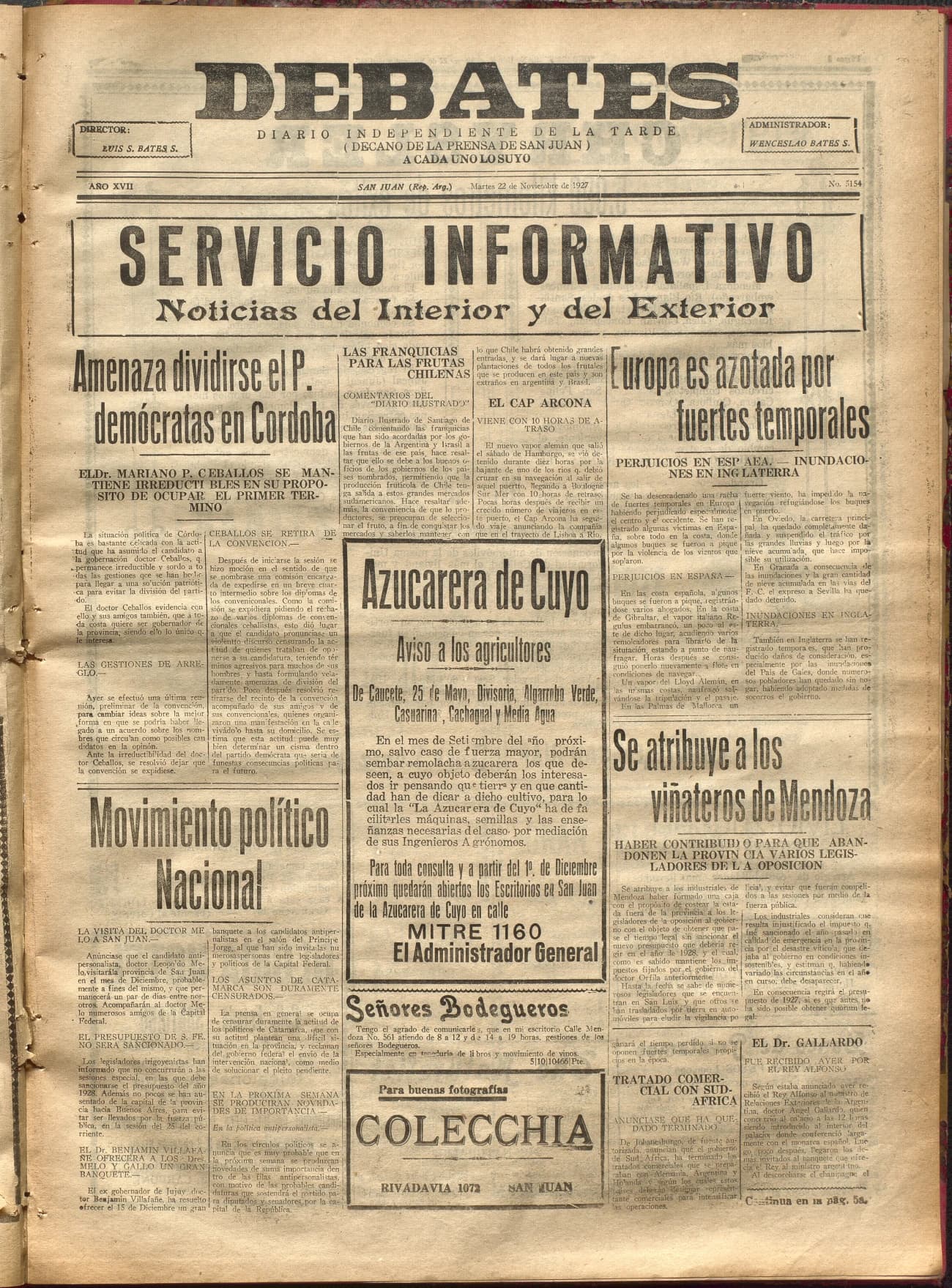 Portada · Diario Debates del 22 de noviembre de 1927