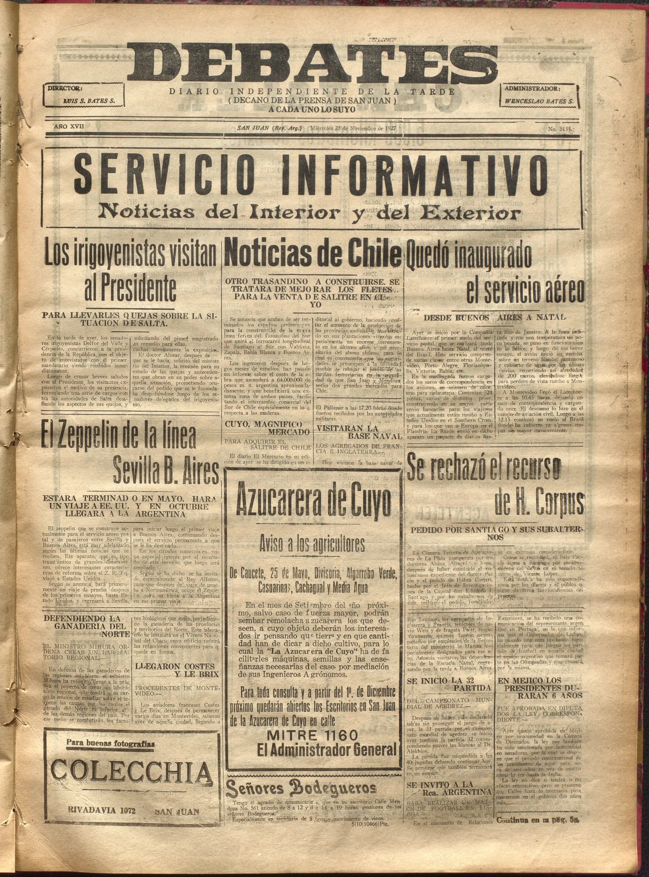 Portada · Diario Debates del 23 de noviembre de 1927