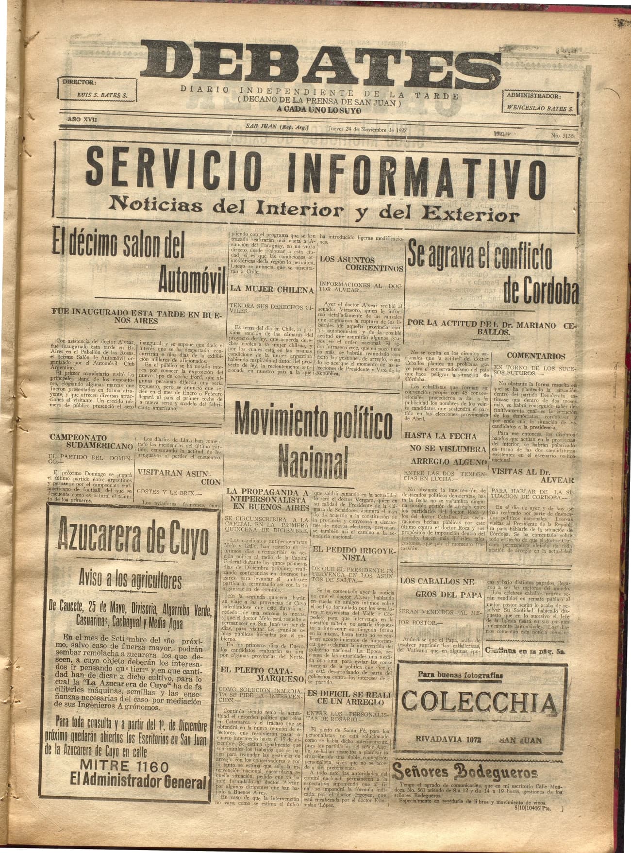 Portada · Diario Debates del 24 de noviembre de 1927