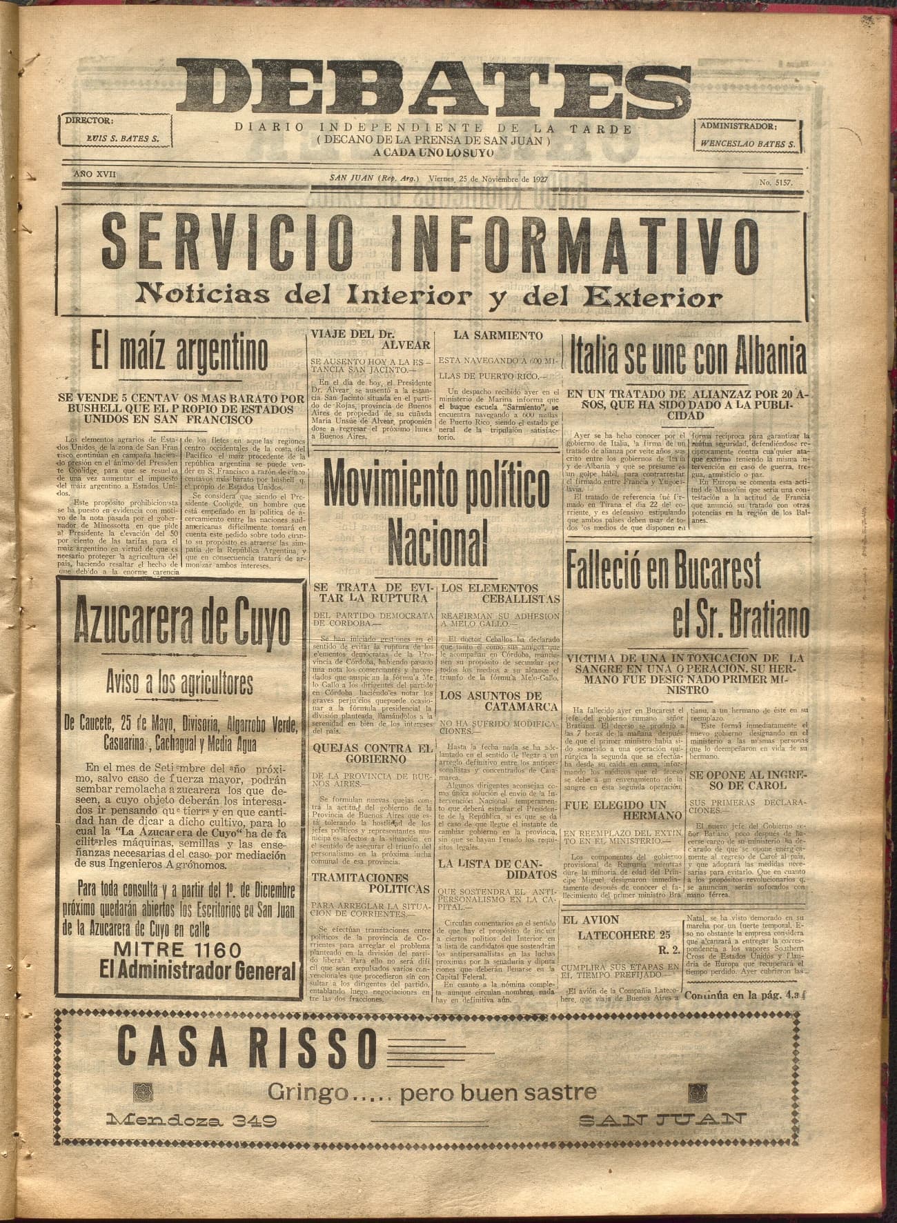 Portada · Diario Debates del 25 de noviembre de 1927