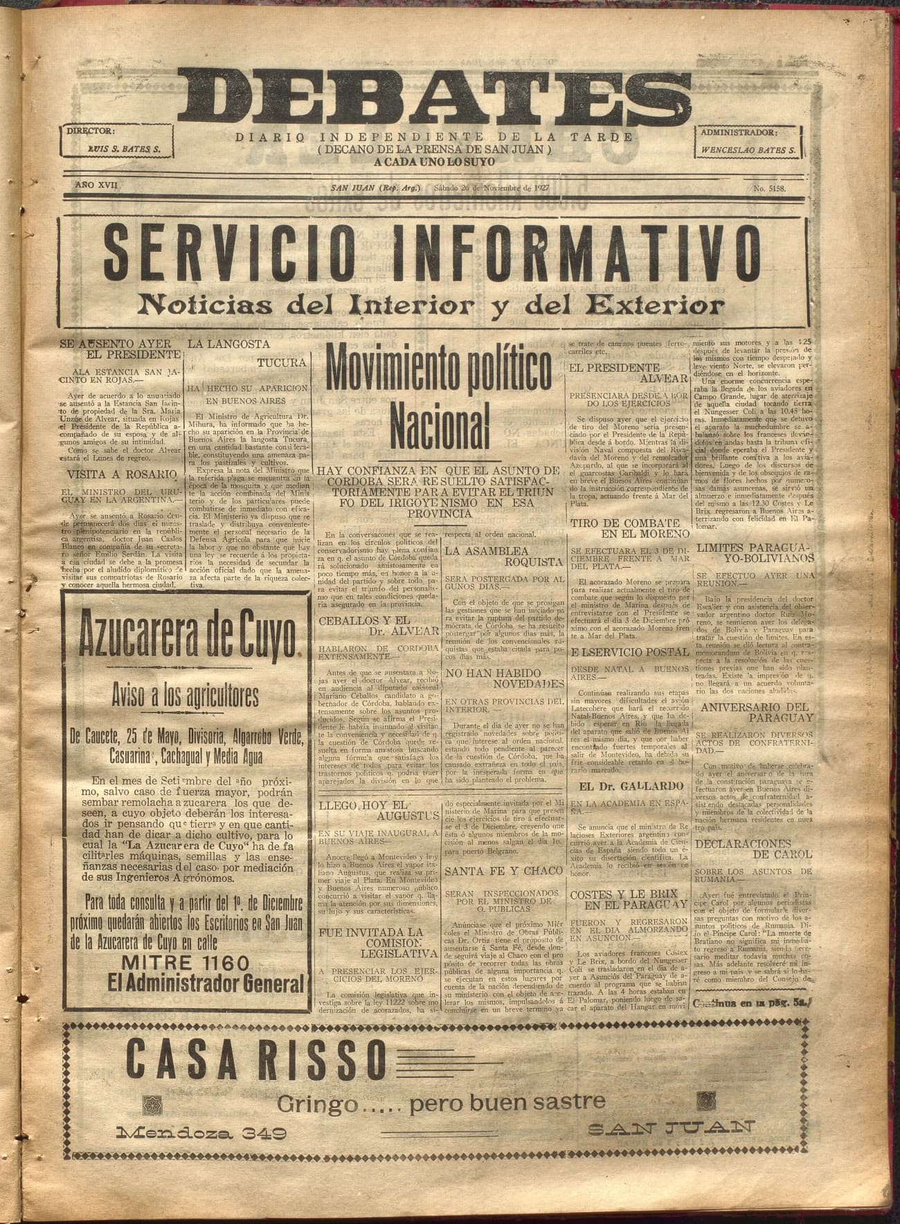 Portada · Diario Debates del 26 de noviembre de 1927