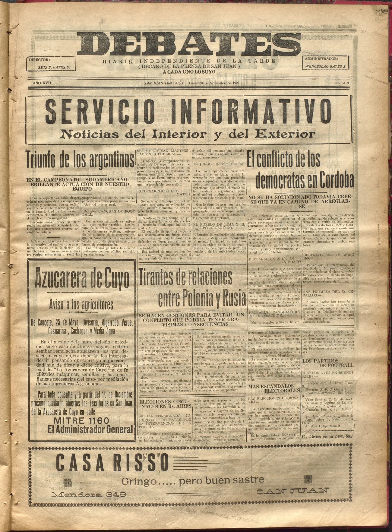 Portada · Diario Debates del 28 de noviembre de 1927