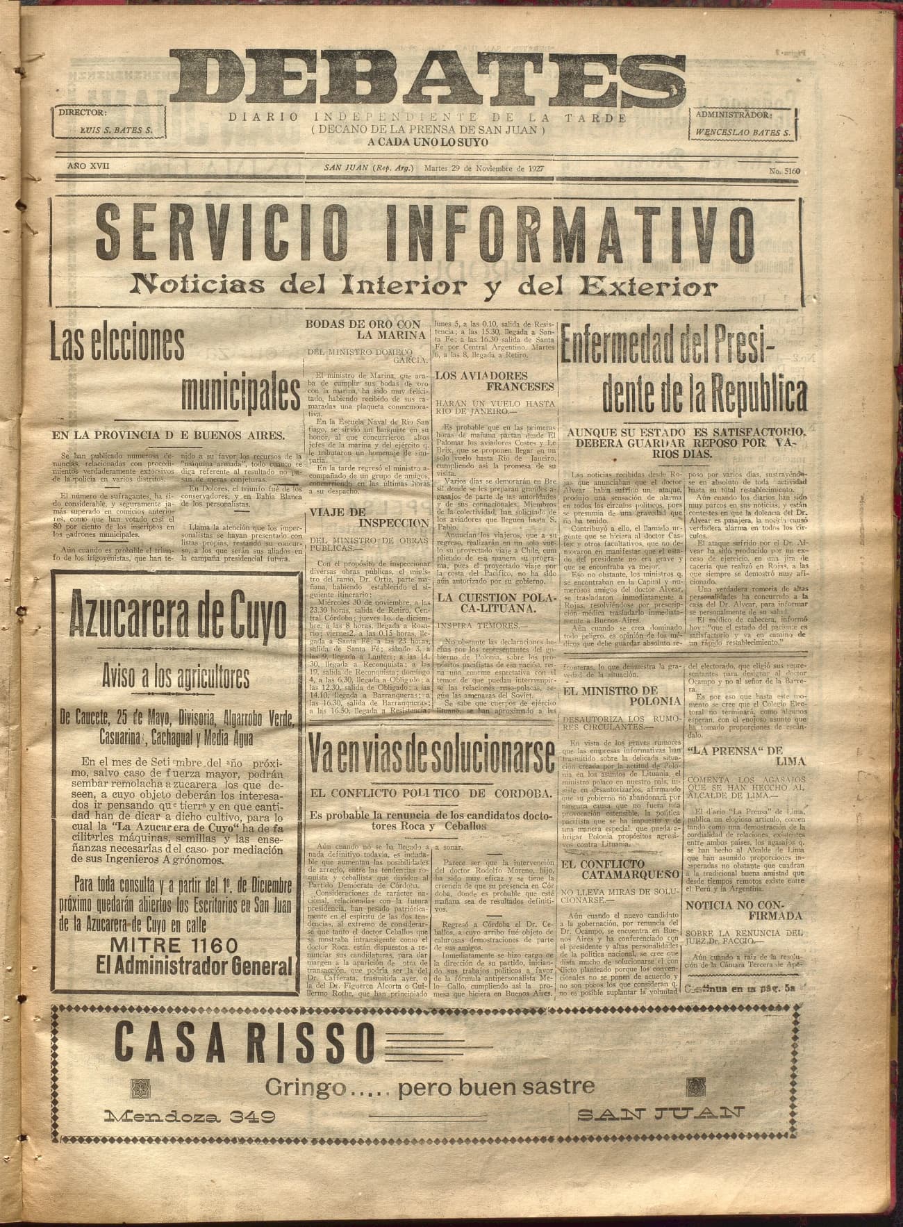 Portada · Diario Debates del 29 de noviembre de 1927