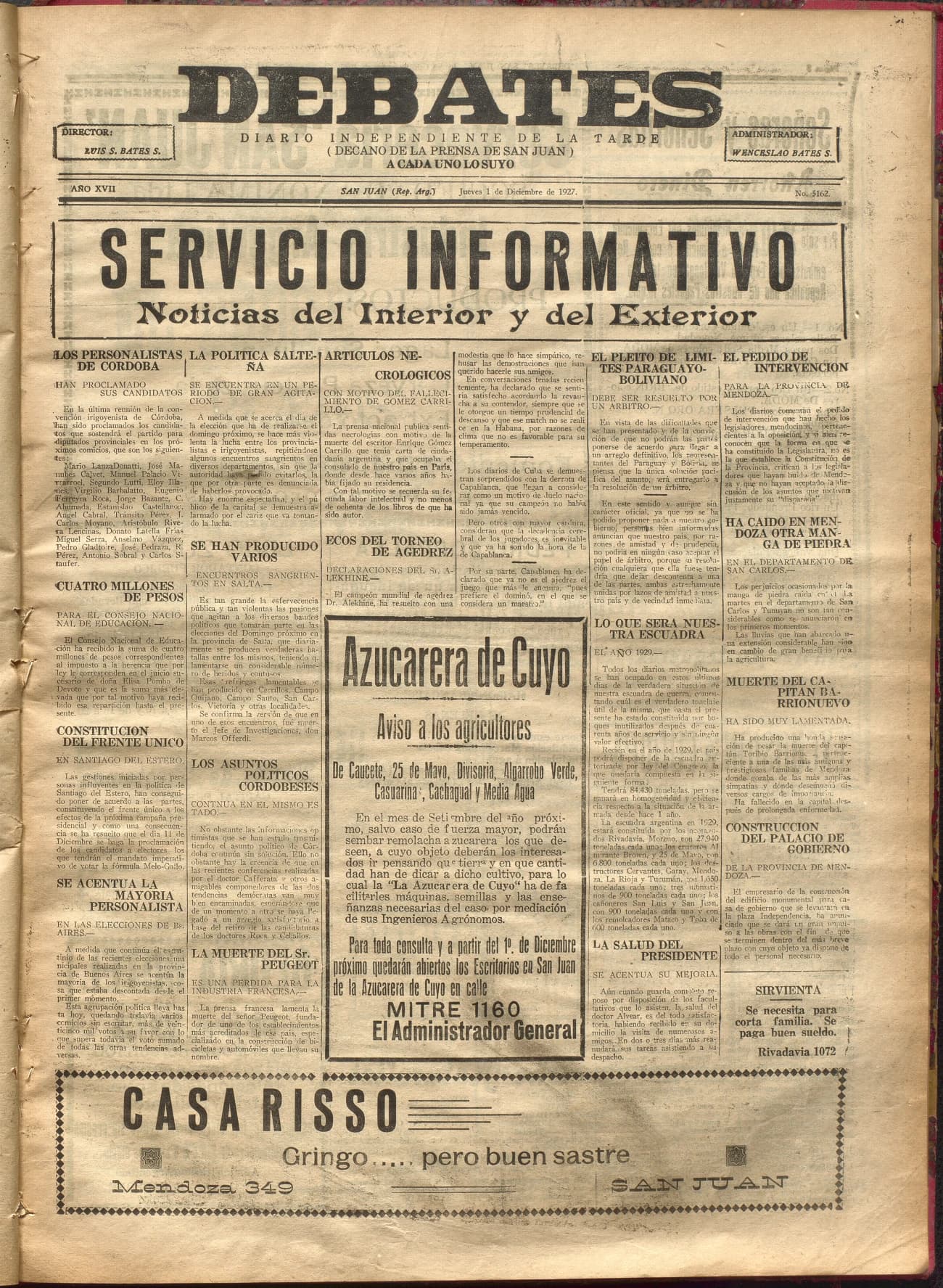 Portada · Diario Debates del 1 de diciembre de 1927