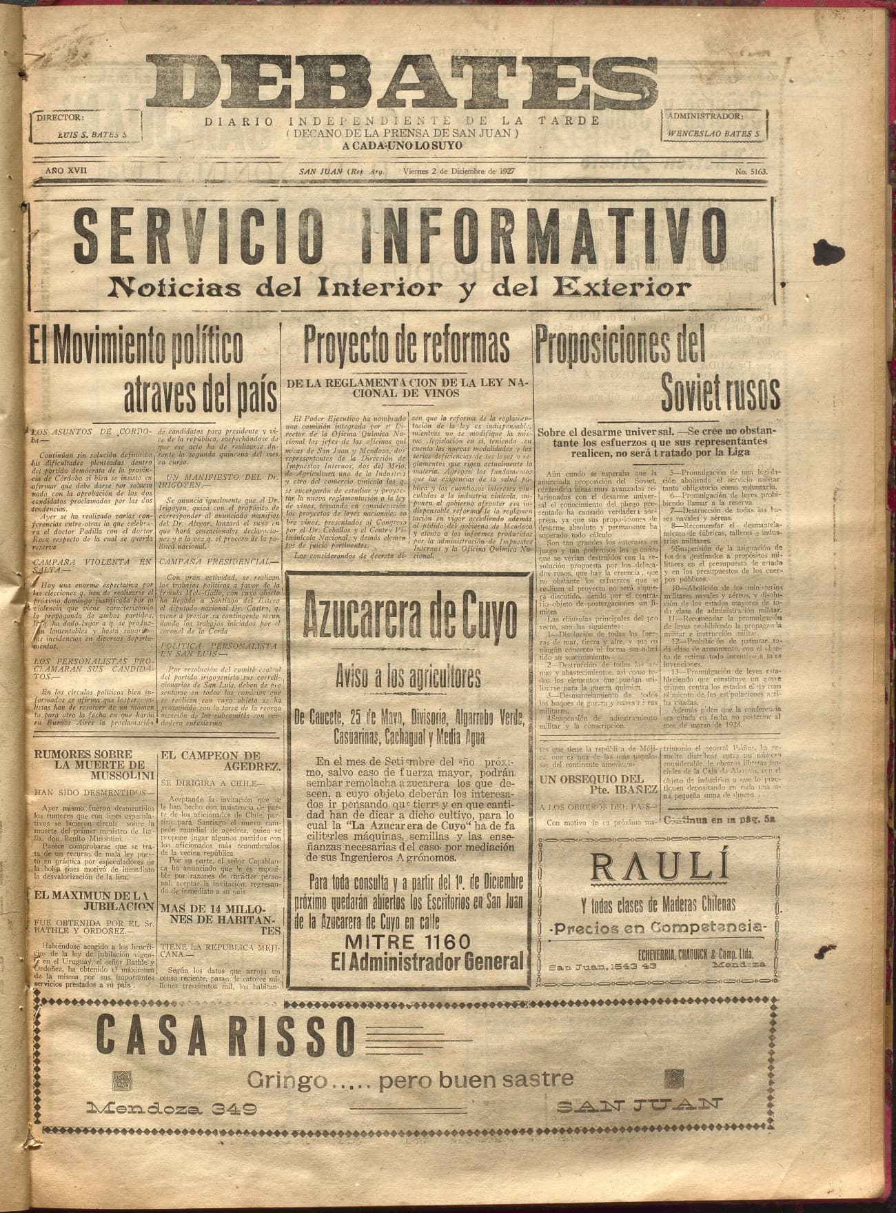 Portada · Diario Debates del 2 de diciembre de 1927