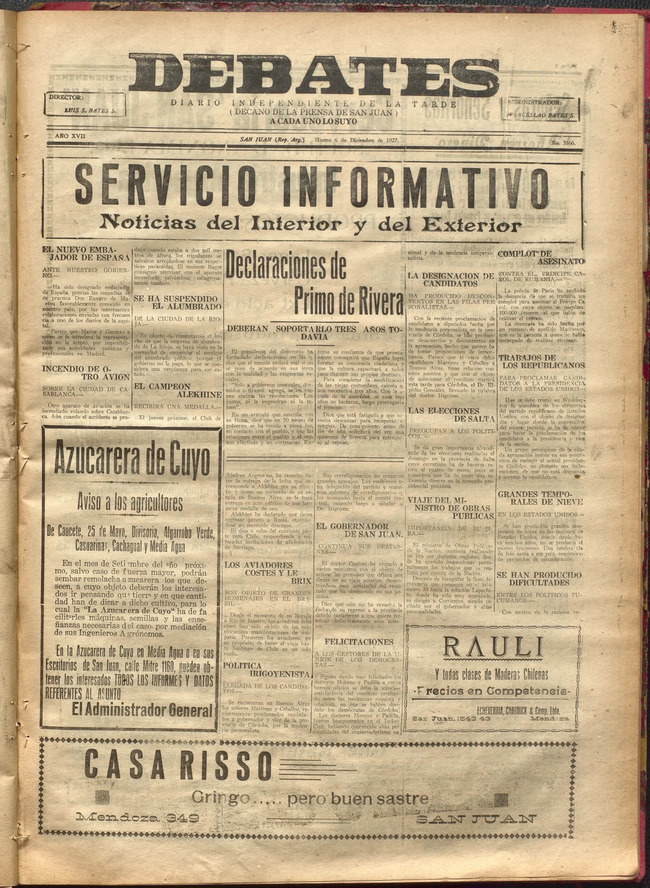 Portada · Diario Debates del 6 de diciembre de 1927
