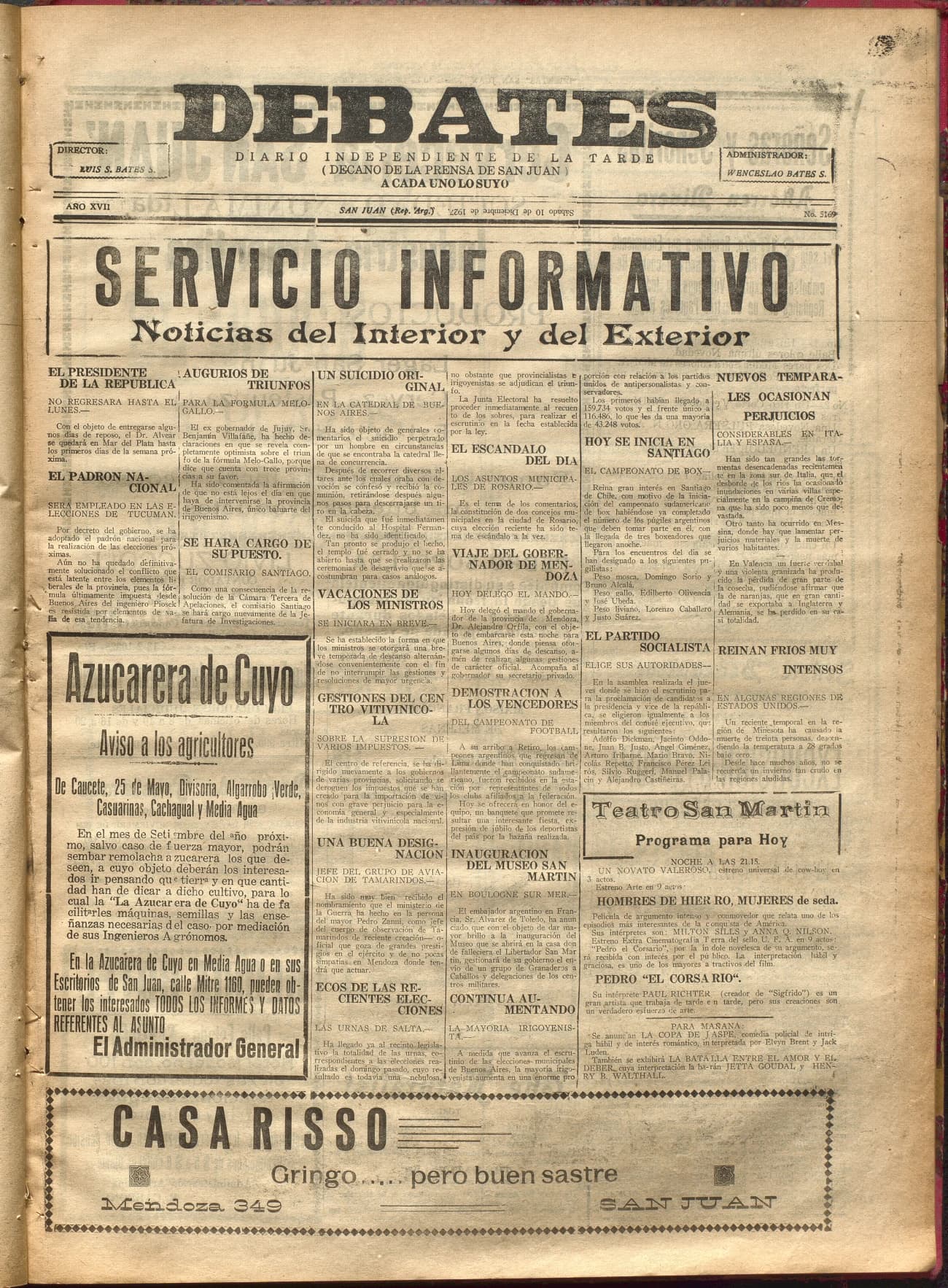 Portada · Diario Debates del 10 de diciembre de 1927