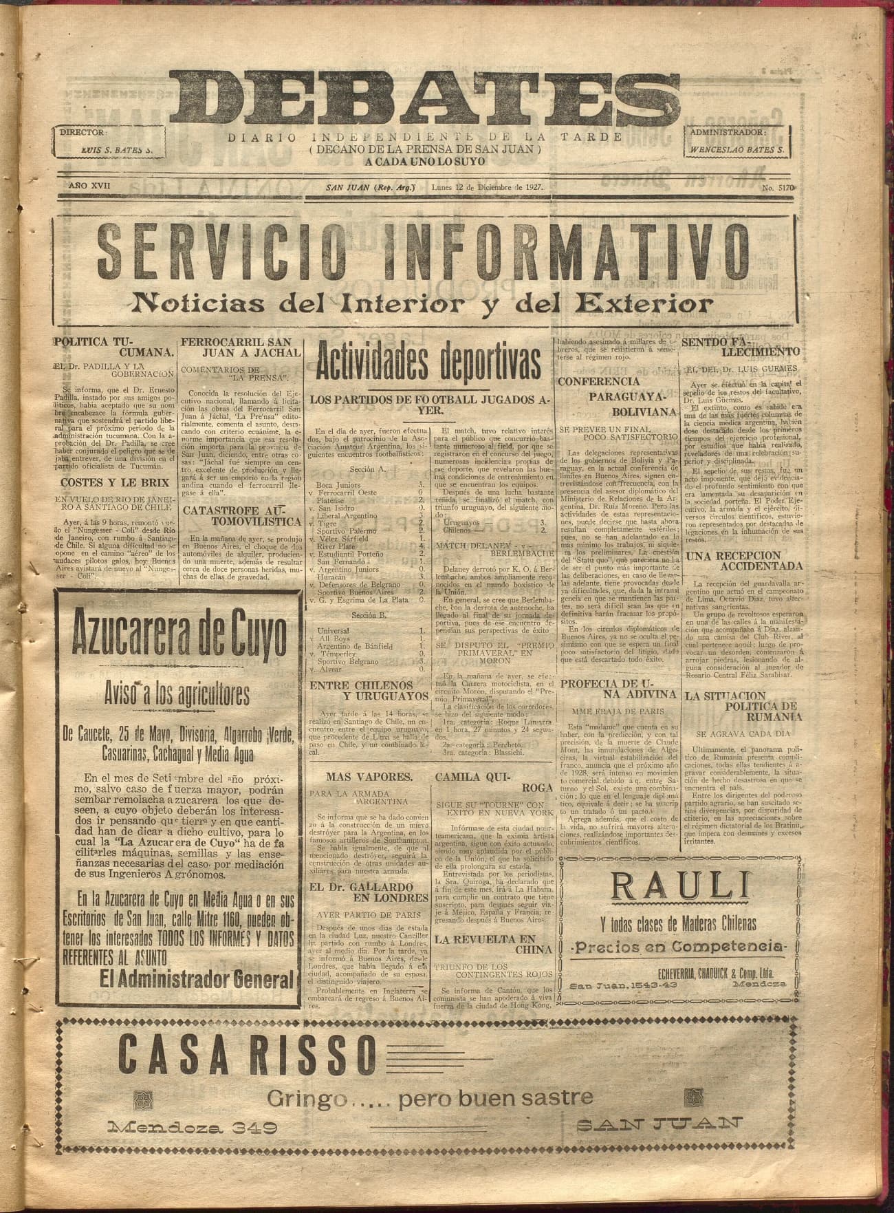 Portada · Diario Debates del 12 de diciembre de 1927