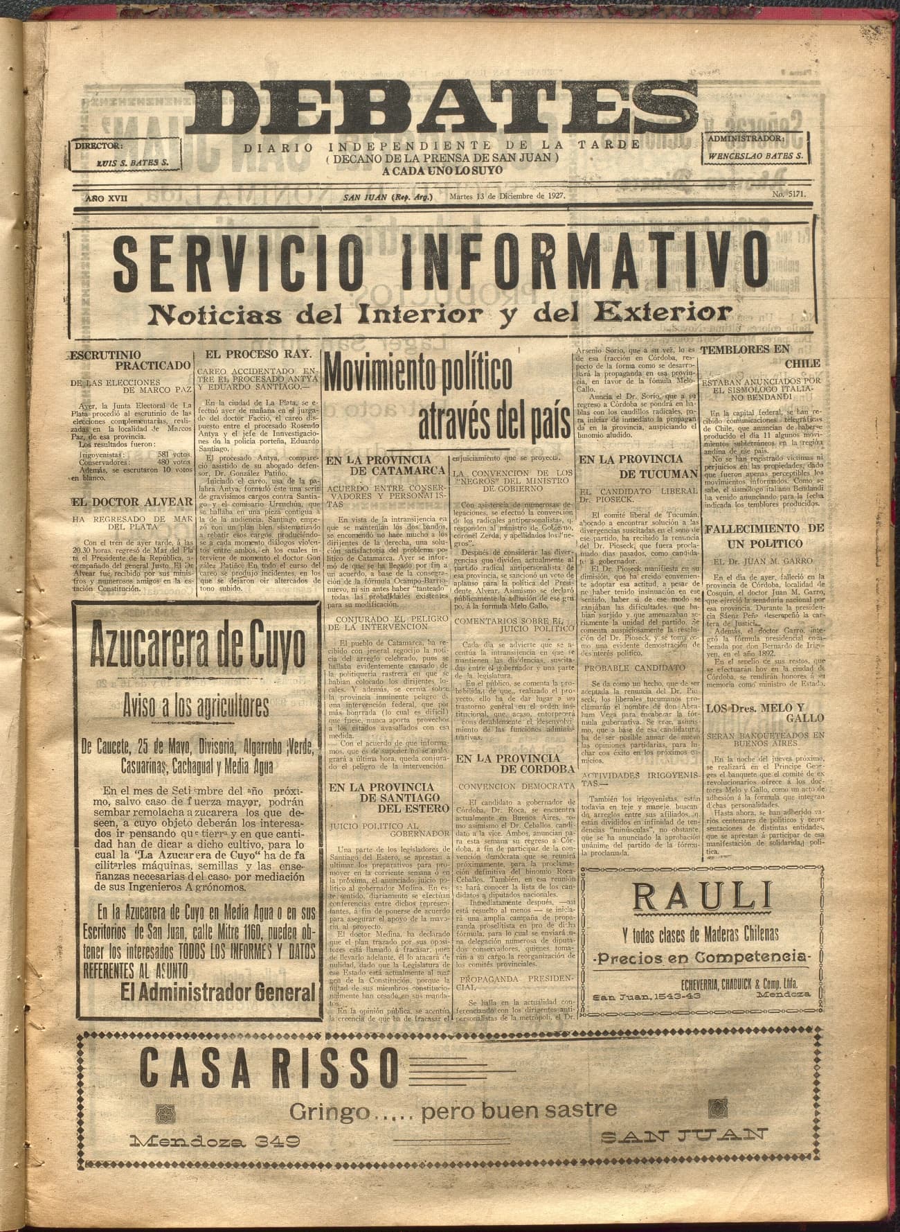 Portada · Diario Debates del 13 de diciembre de 1927