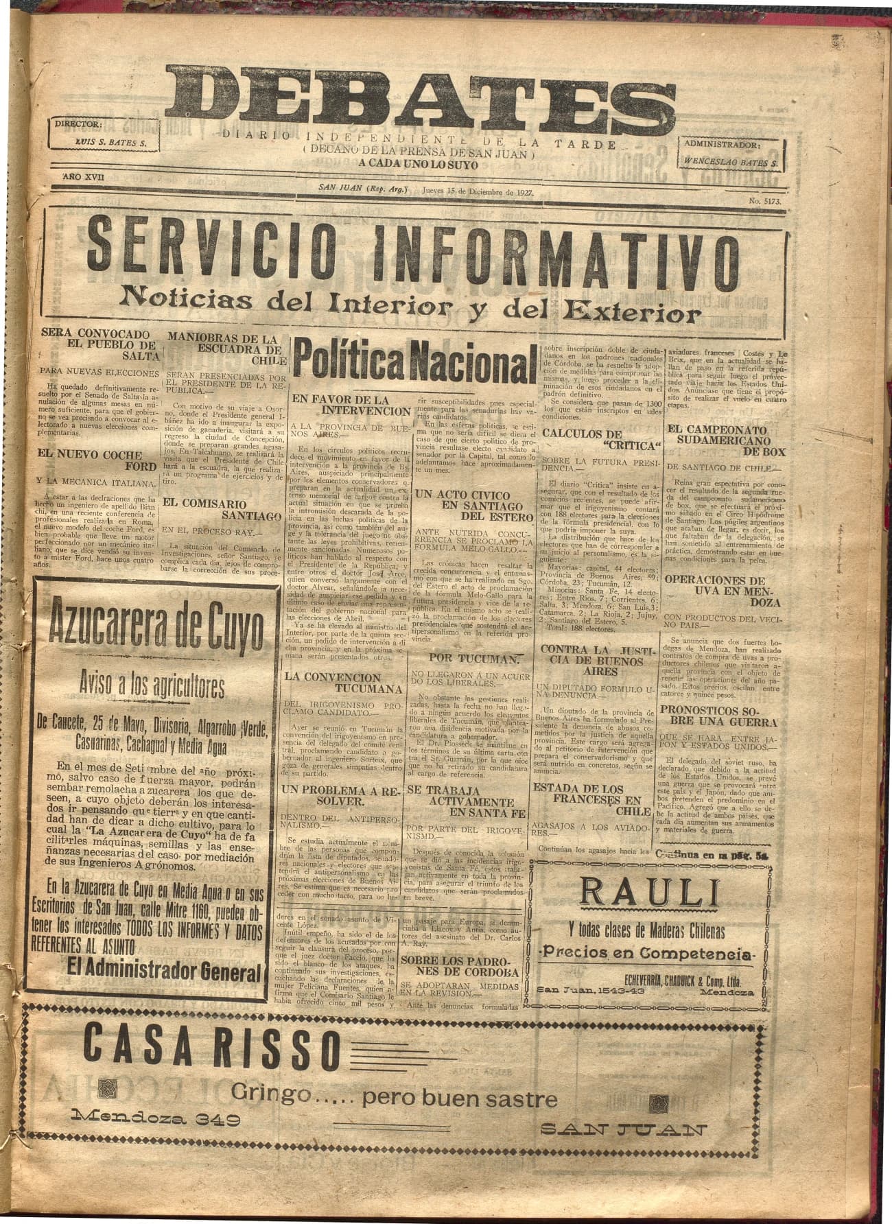 Portada · Diario Debates del 15 de diciembre de 1927