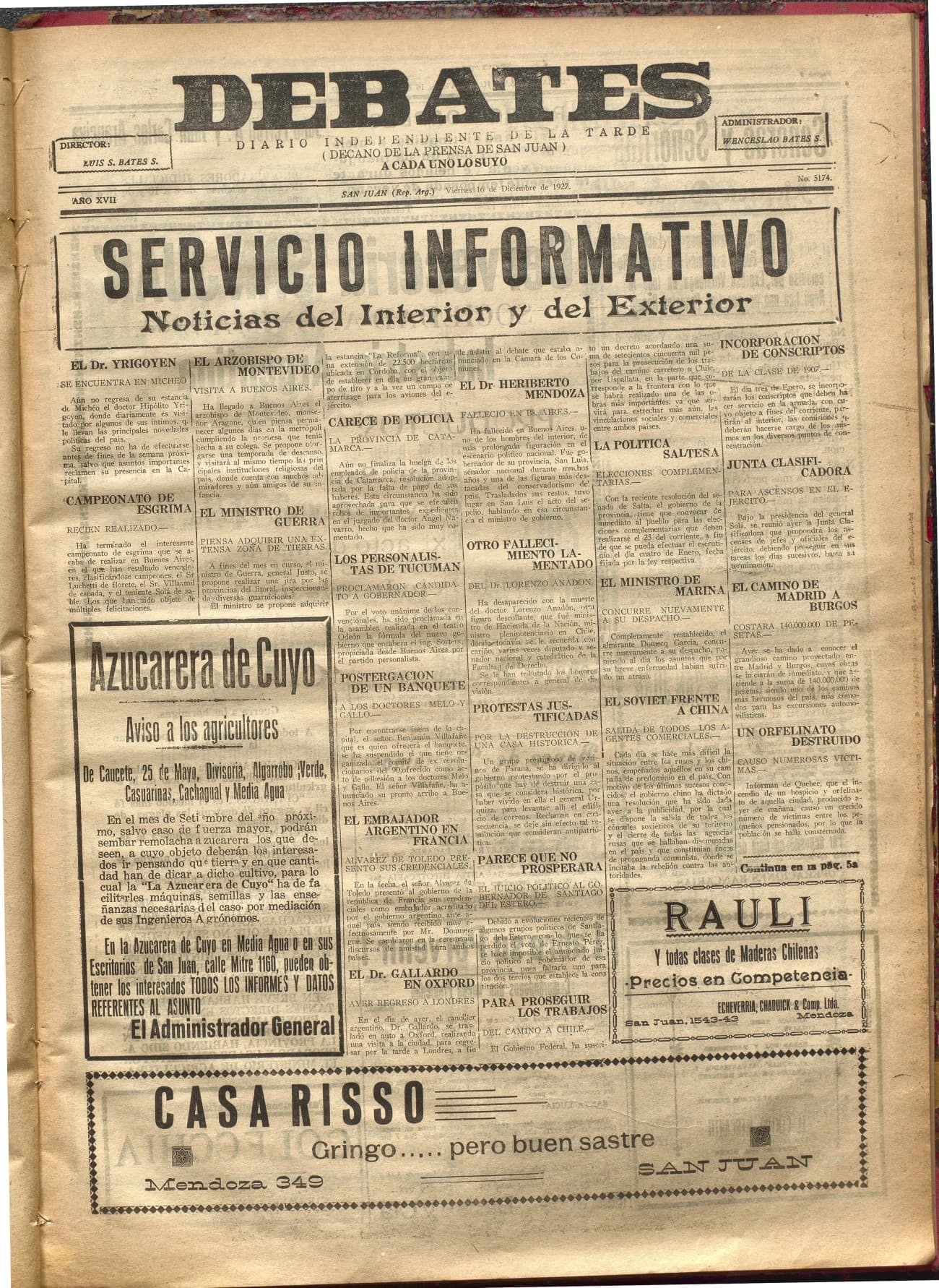 Portada · Diario Debates del 16 de diciembre de 1927