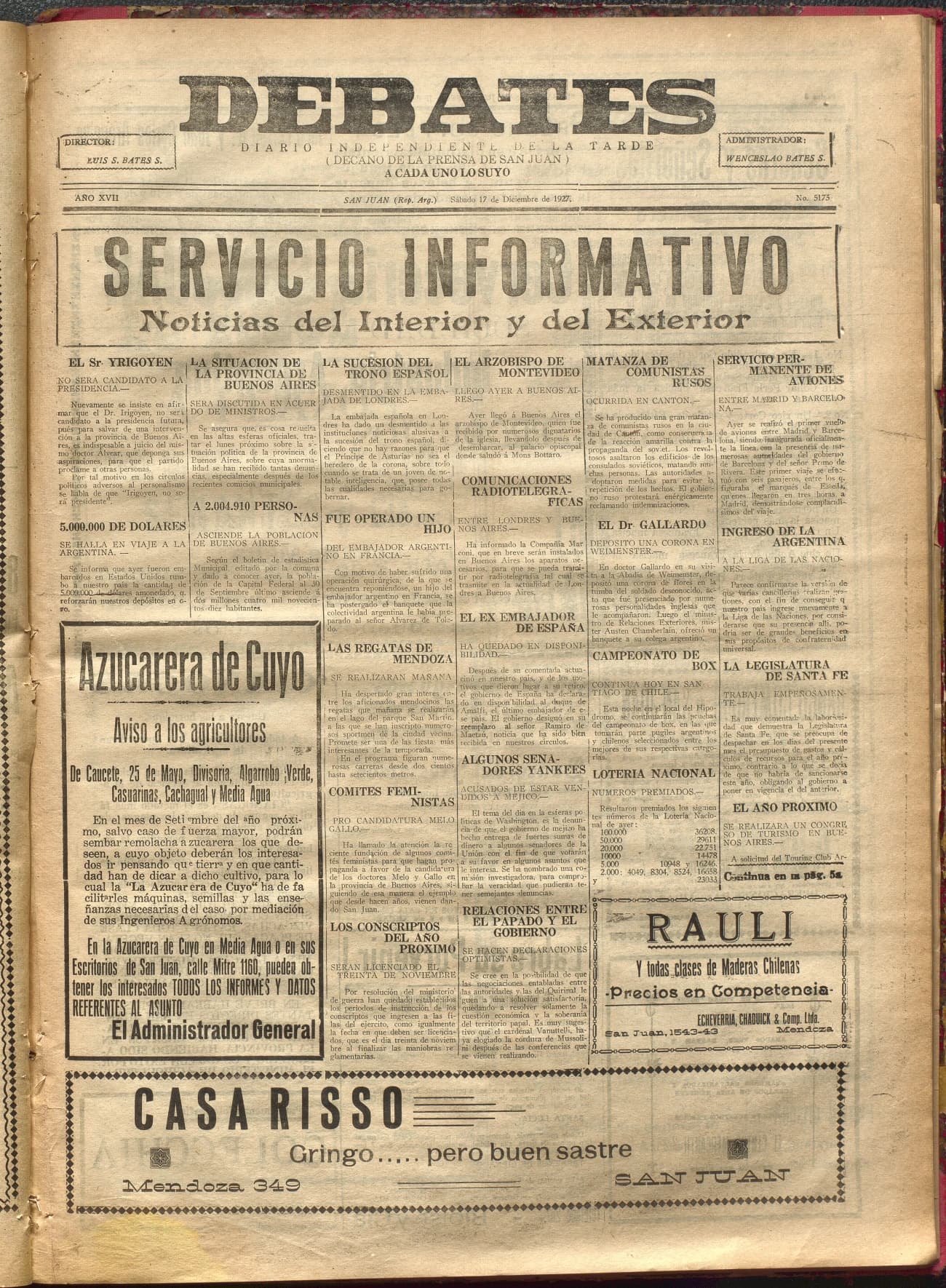 Portada · Diario Debates del 17 de diciembre de 1927