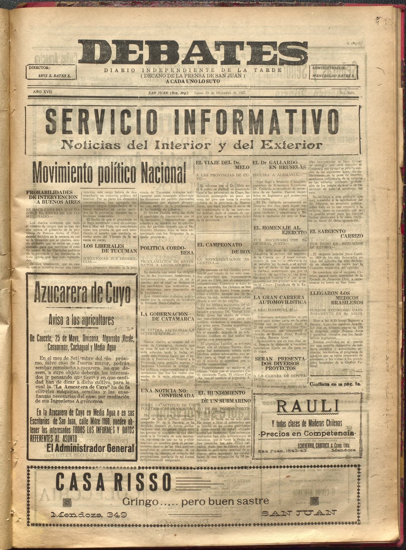 Portada · Diario Debates del 19 de diciembre de 1927