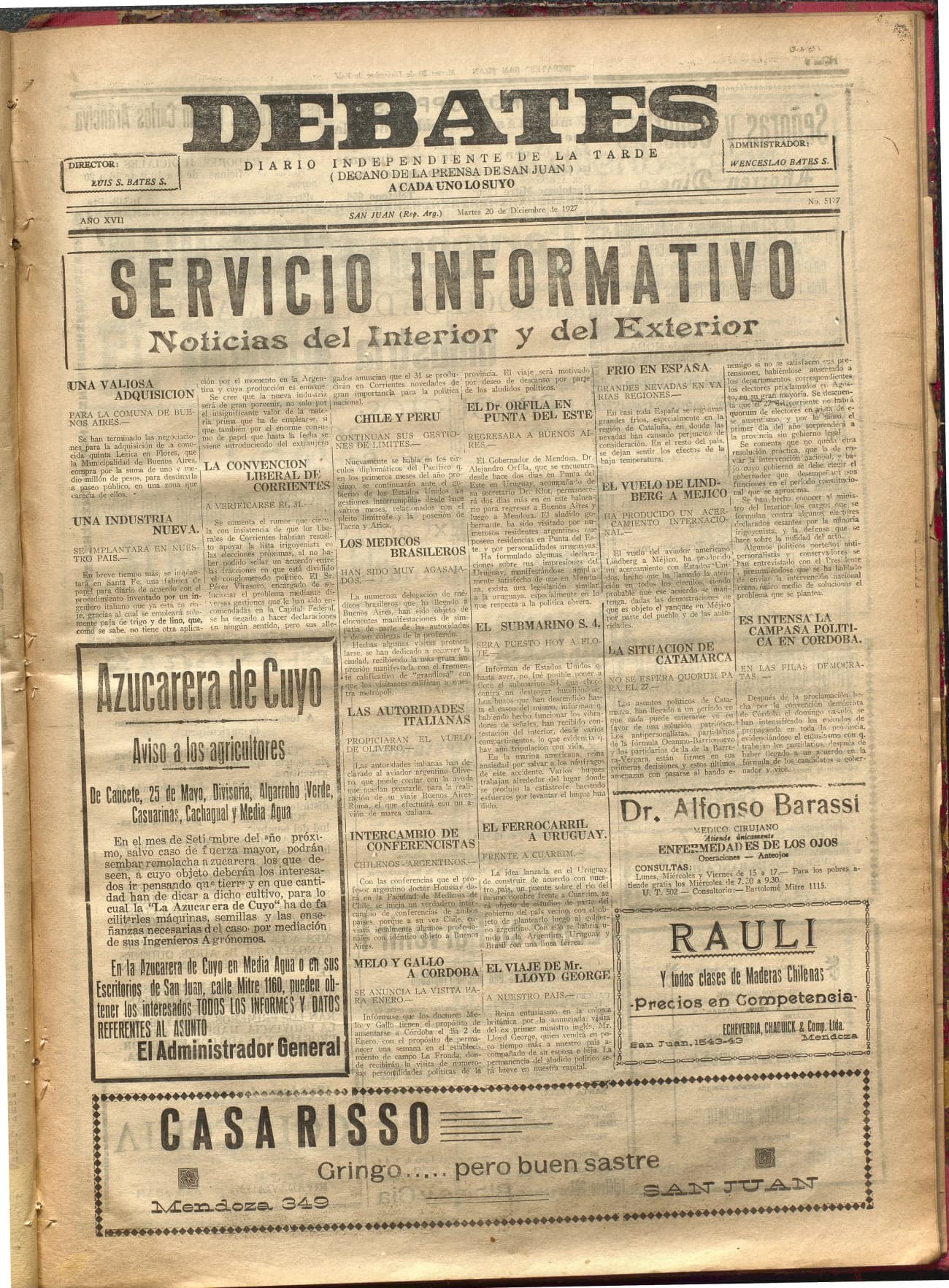 Portada · Diario Debates del 20 de diciembre de 1927