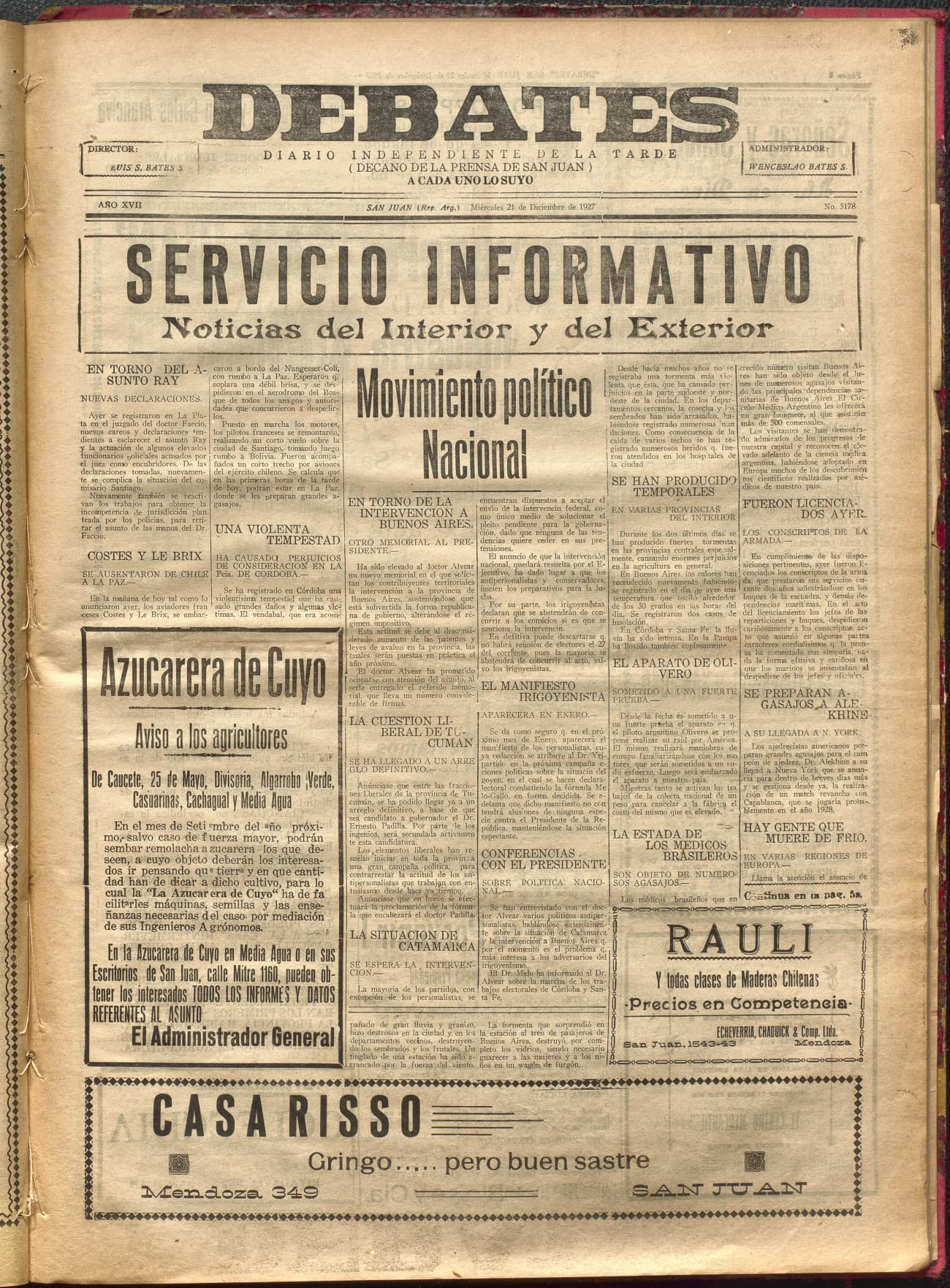 Portada · Diario Debates del 21 de diciembre de 1927