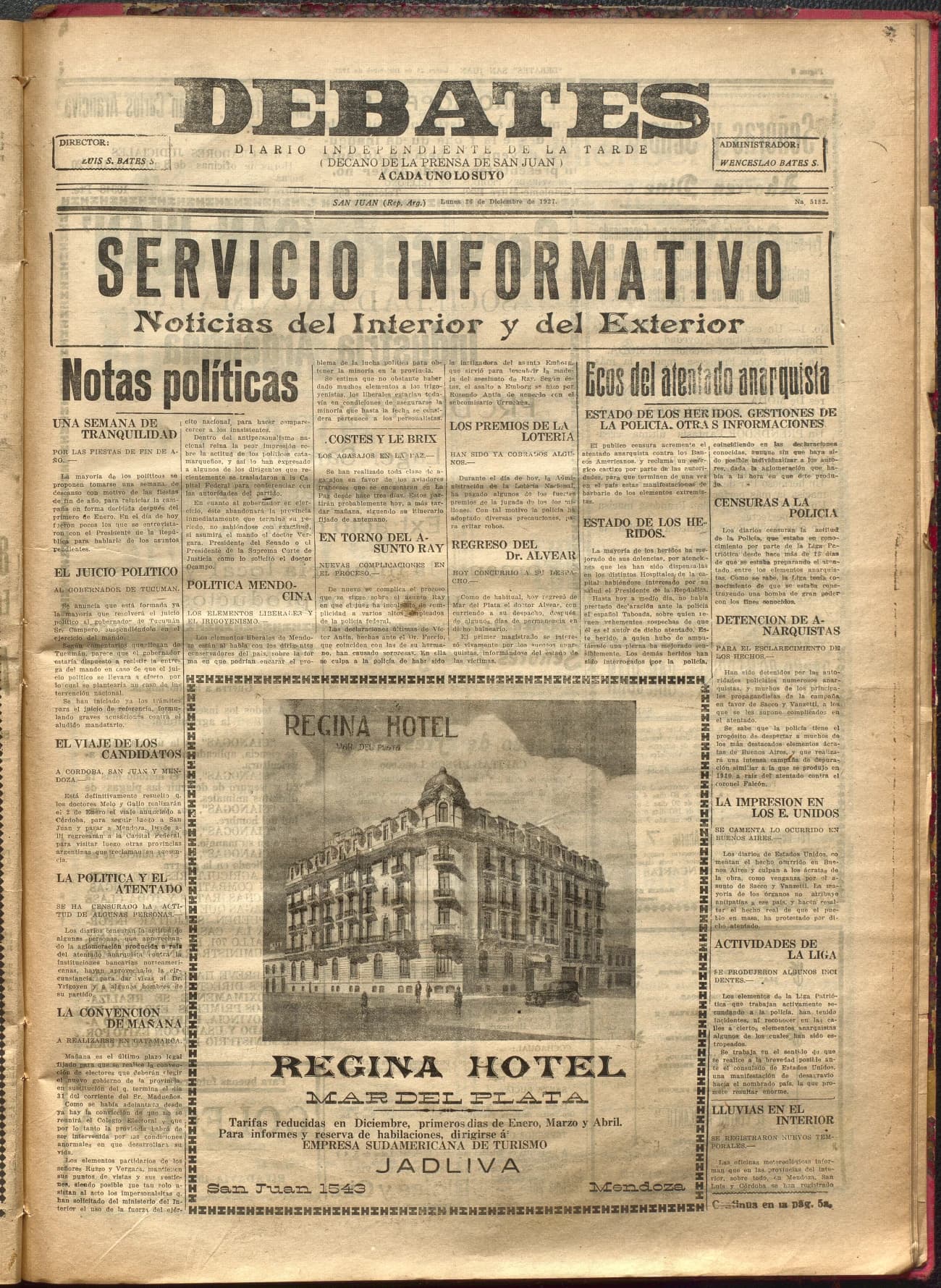 Portada · Diario Debates del 26 de diciembre de 1927