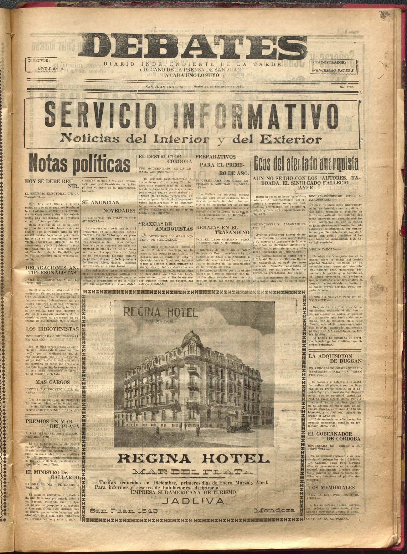 Portada · Diario Debates del 27 de diciembre de 1927