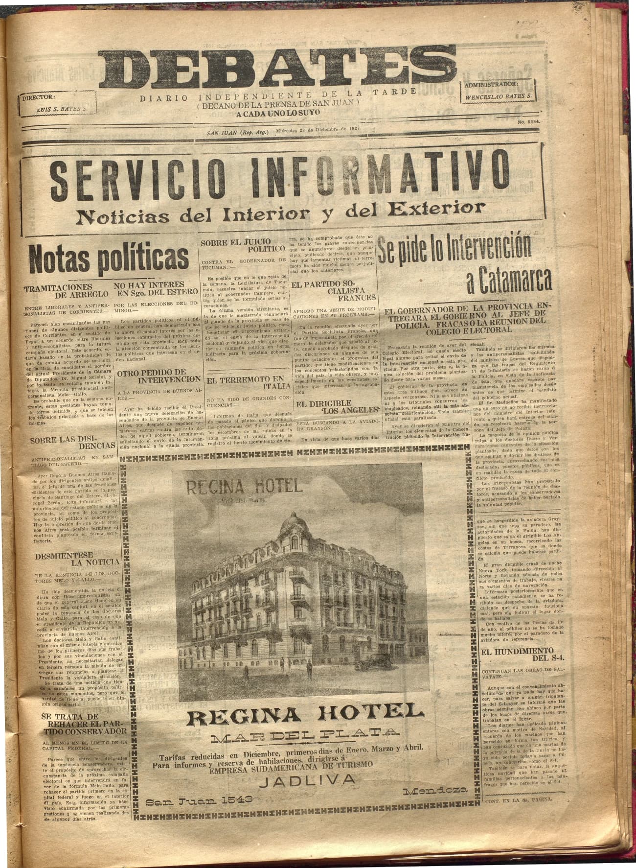Portada · Diario Debates del 28 de diciembre de 1927