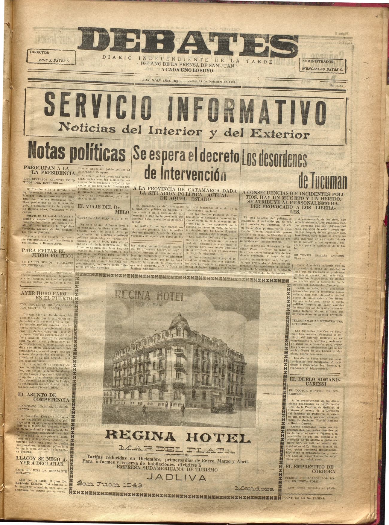 Portada · Diario Debates del 29 de diciembre de 1927