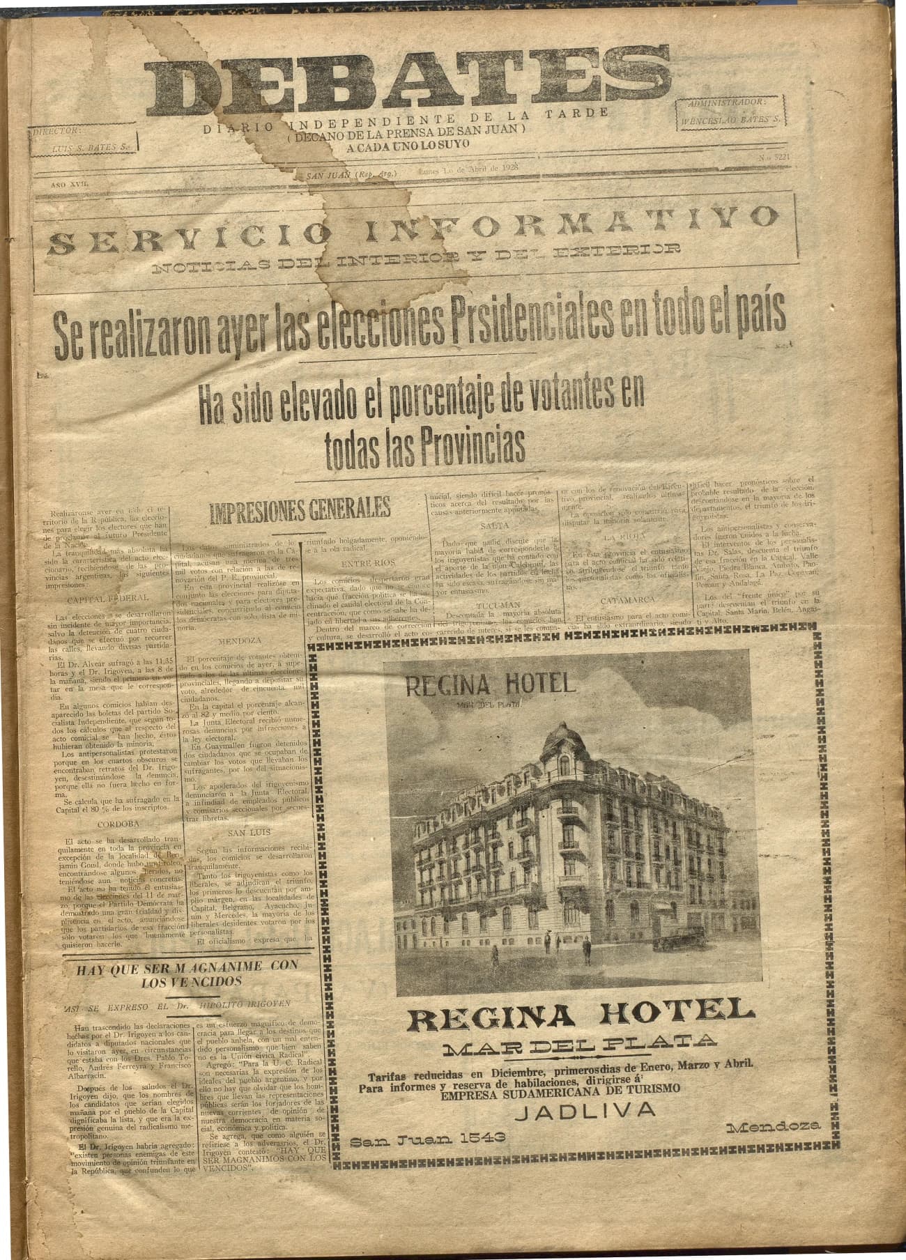 Portada · Diario Debates del 1 de abril de 1928