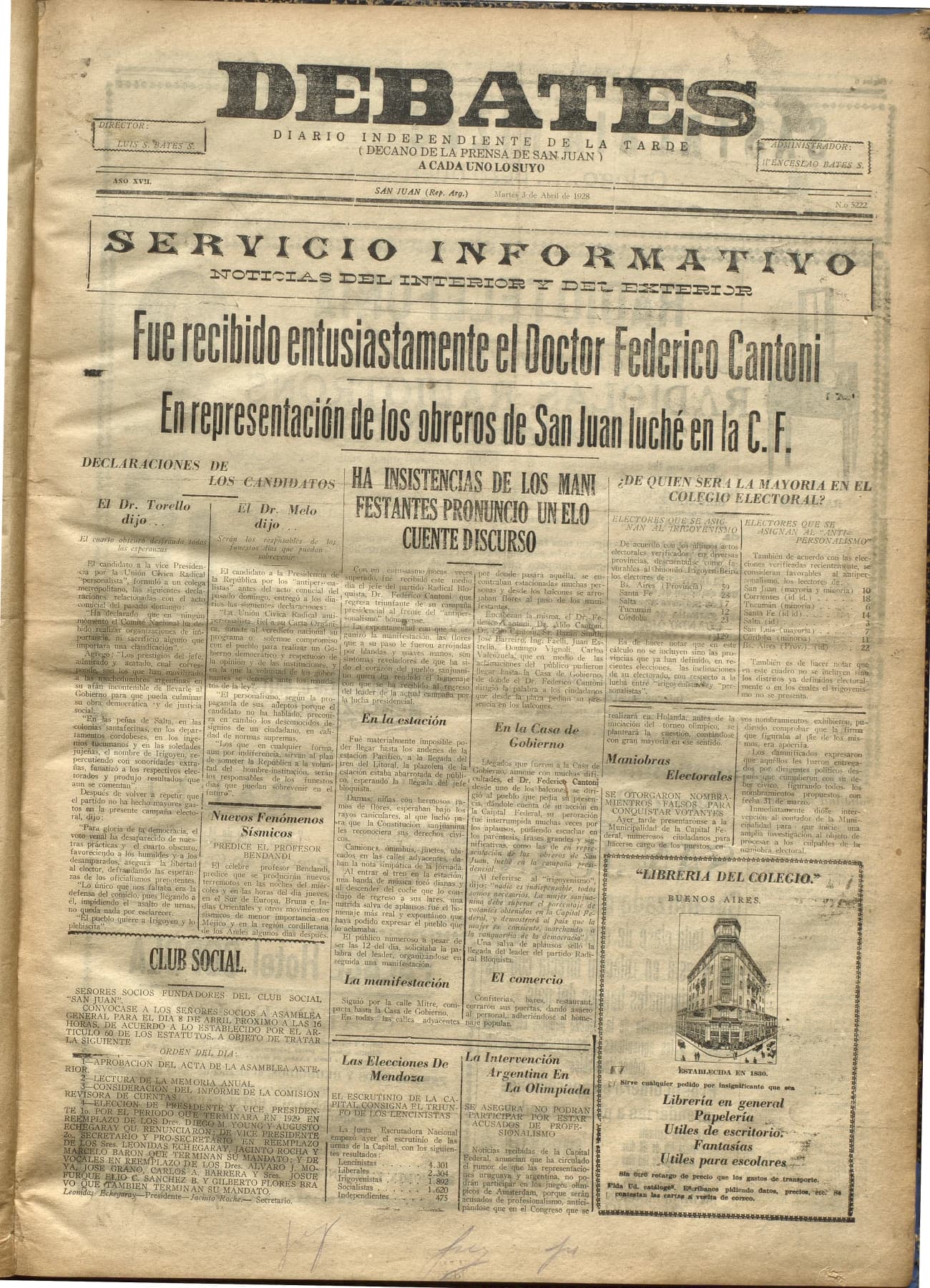Portada · Diario Debates del 3 de abril de 1928