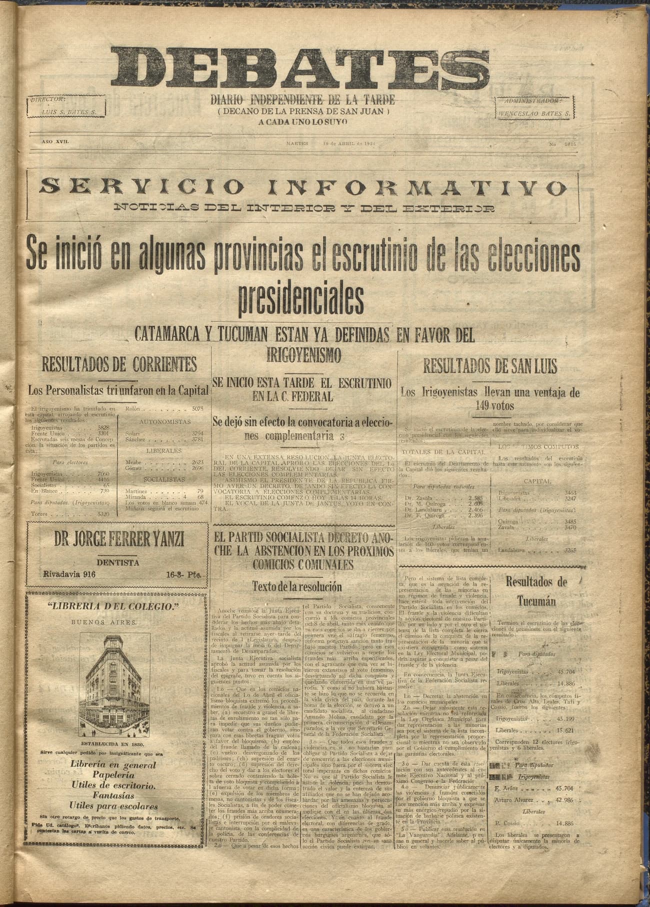 Portada · Diario Debates del 10 de abril de 1928
