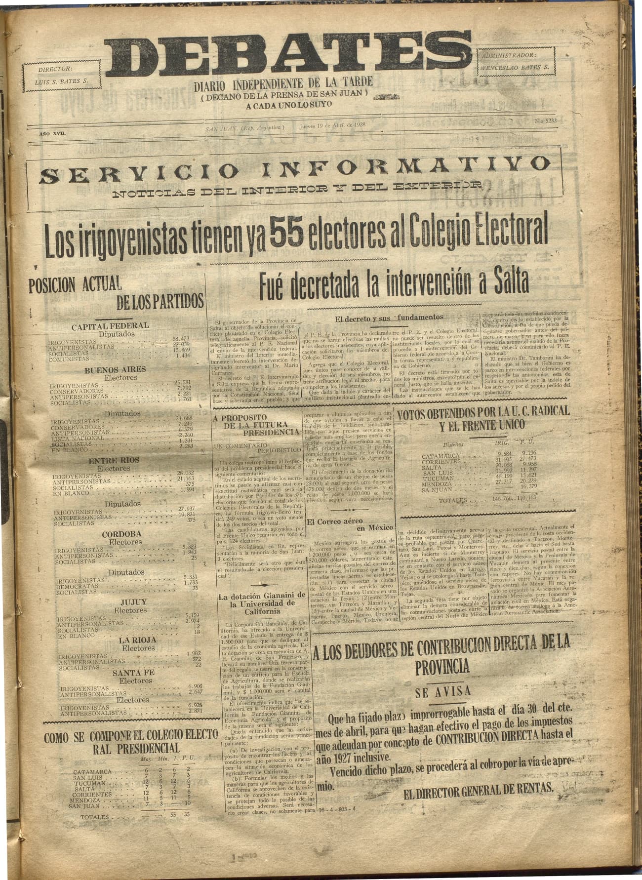 Portada · Diario Debates del 19 de abril de 1928