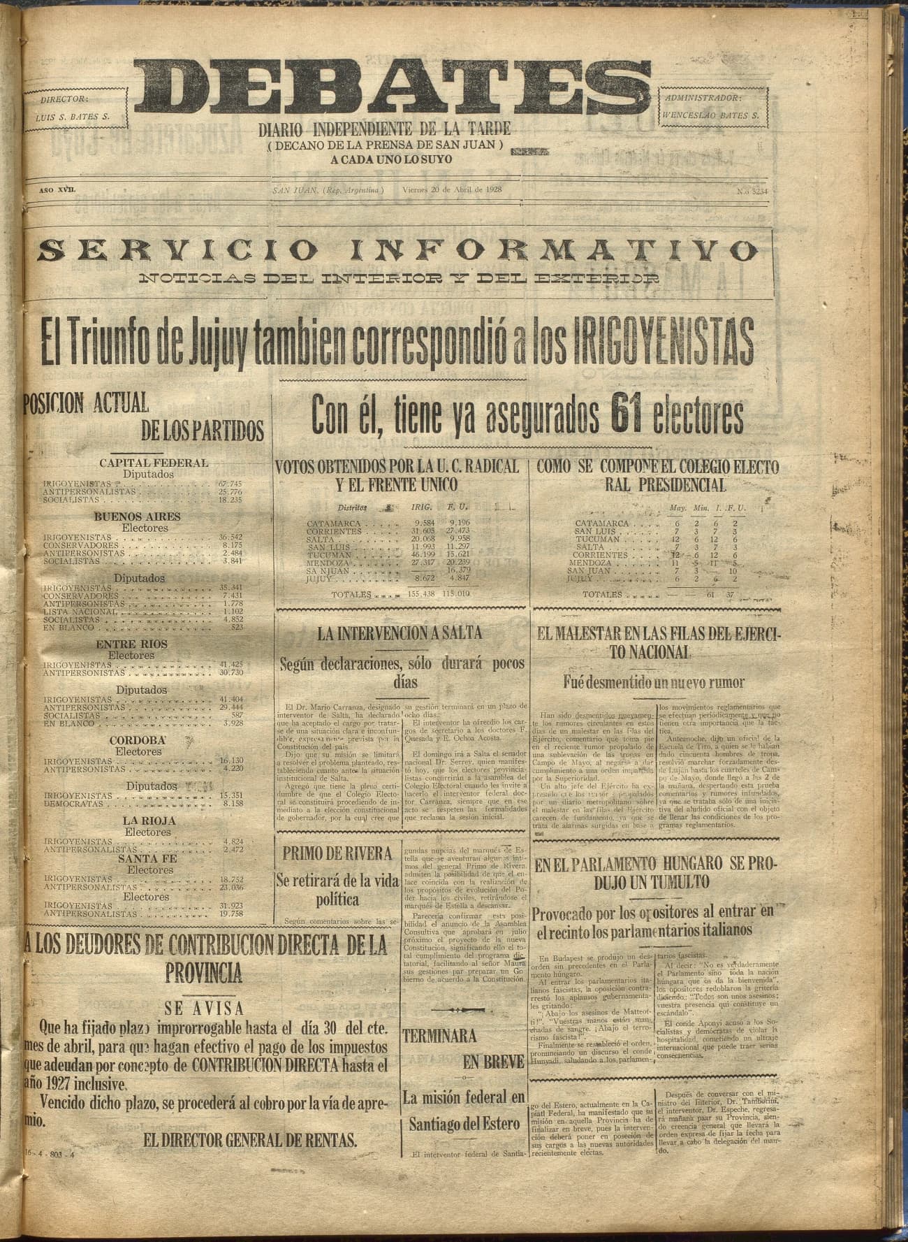 Portada · Diario Debates del 20 de abril de 1928