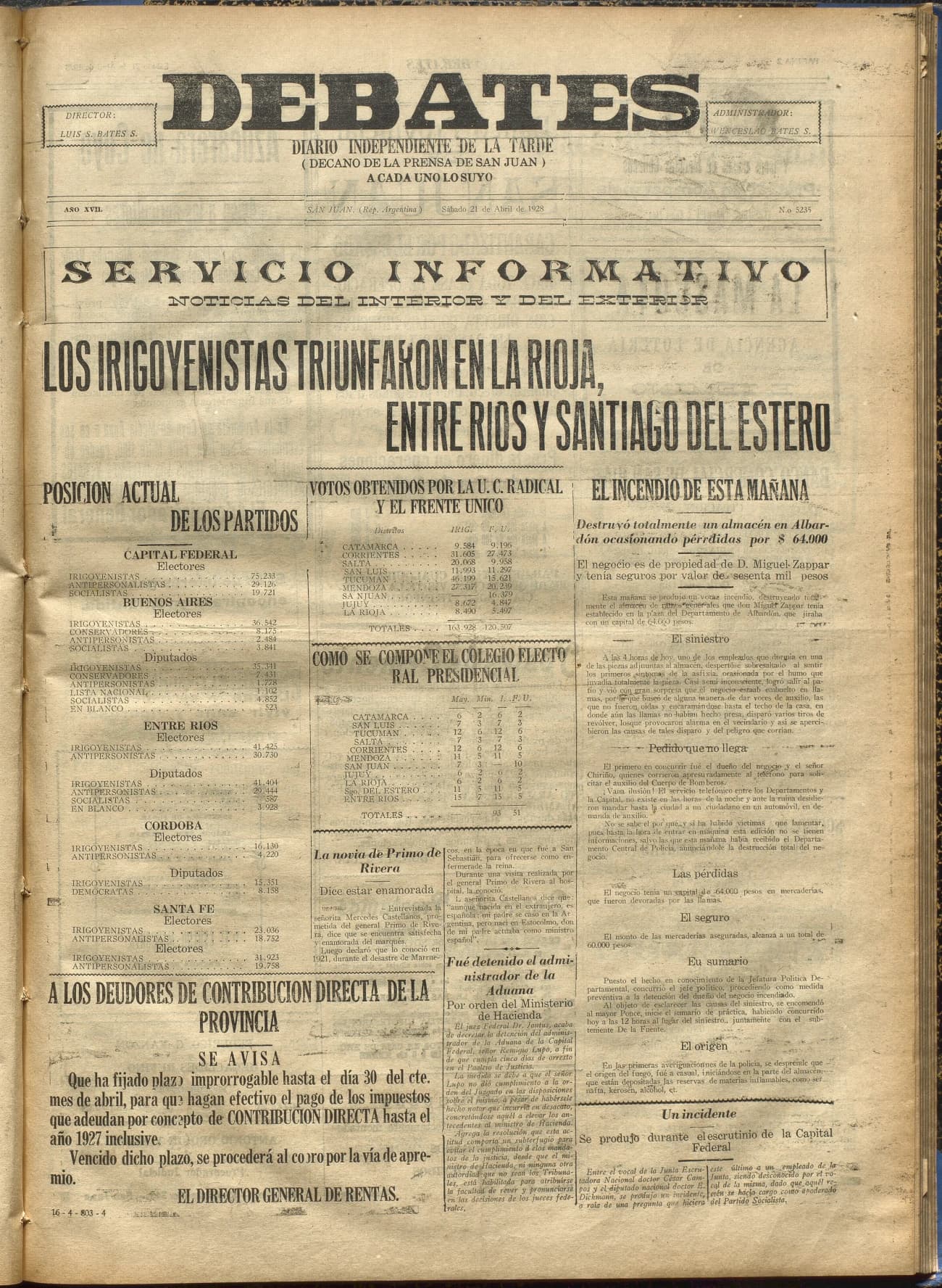 Portada · Diario Debates del 21 de abril de 1928