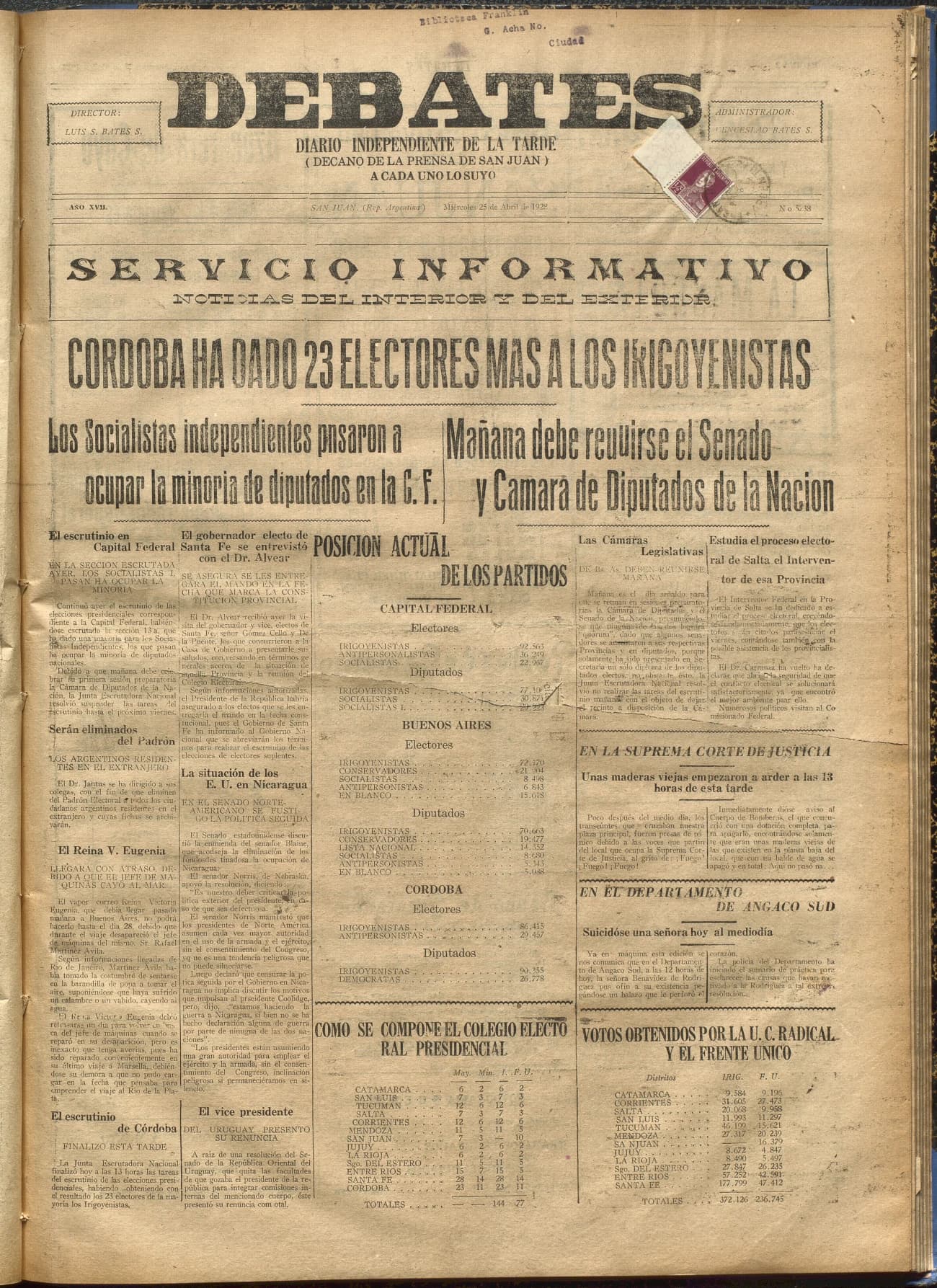Portada · Diario Debates del 25 de abril de 1928