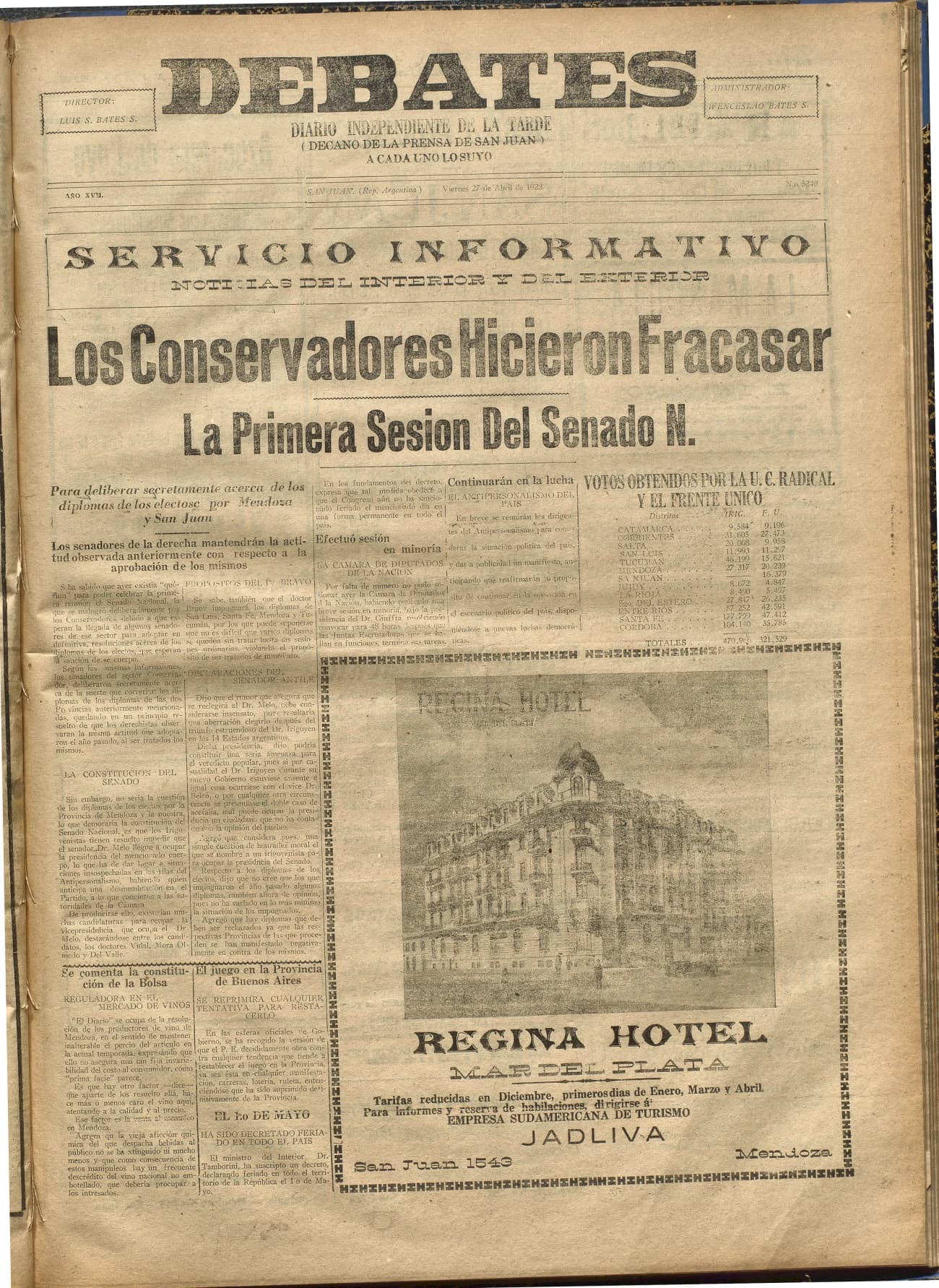 Portada · Diario Debates del 27 de abril de 1928