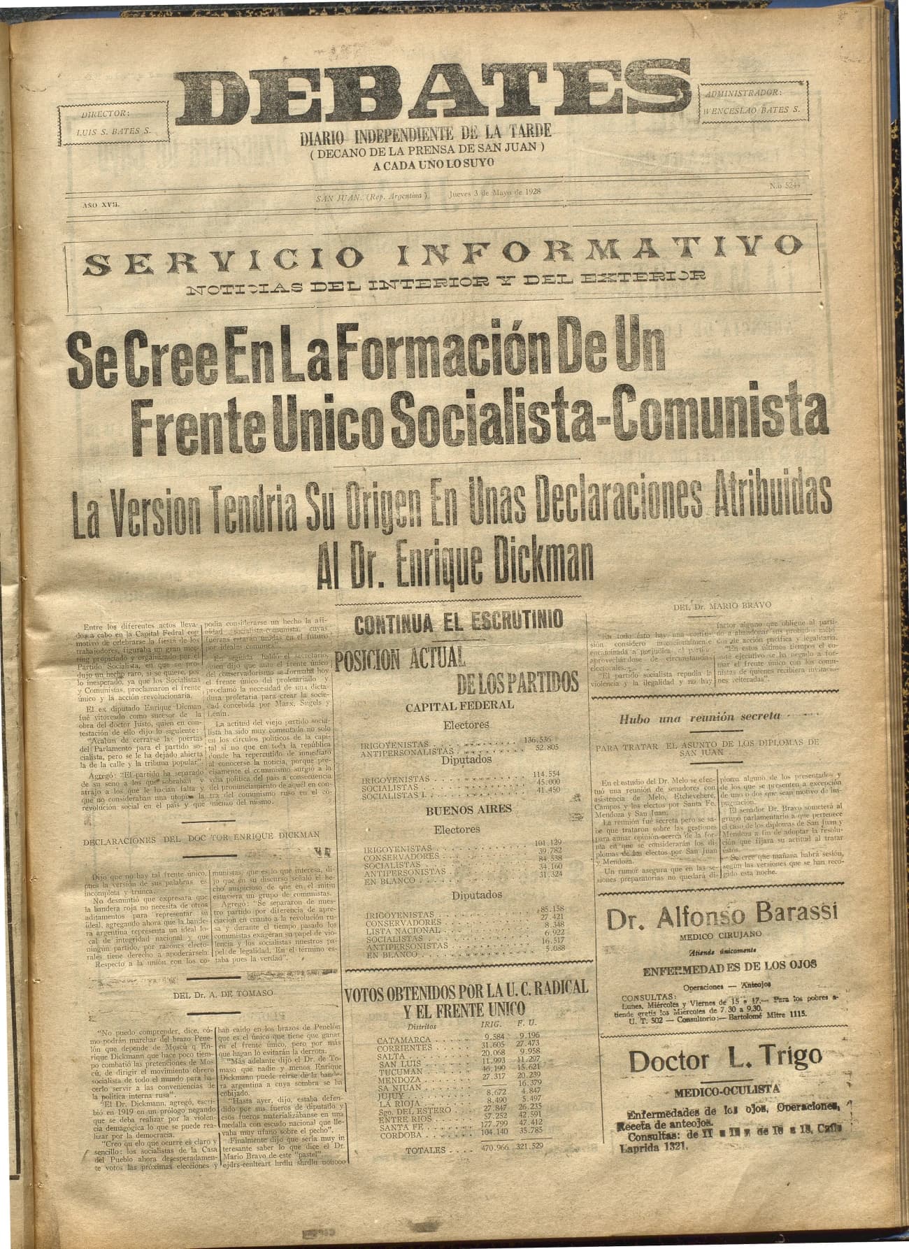 Portada · Diario Debates del 3 de mayo de 1928