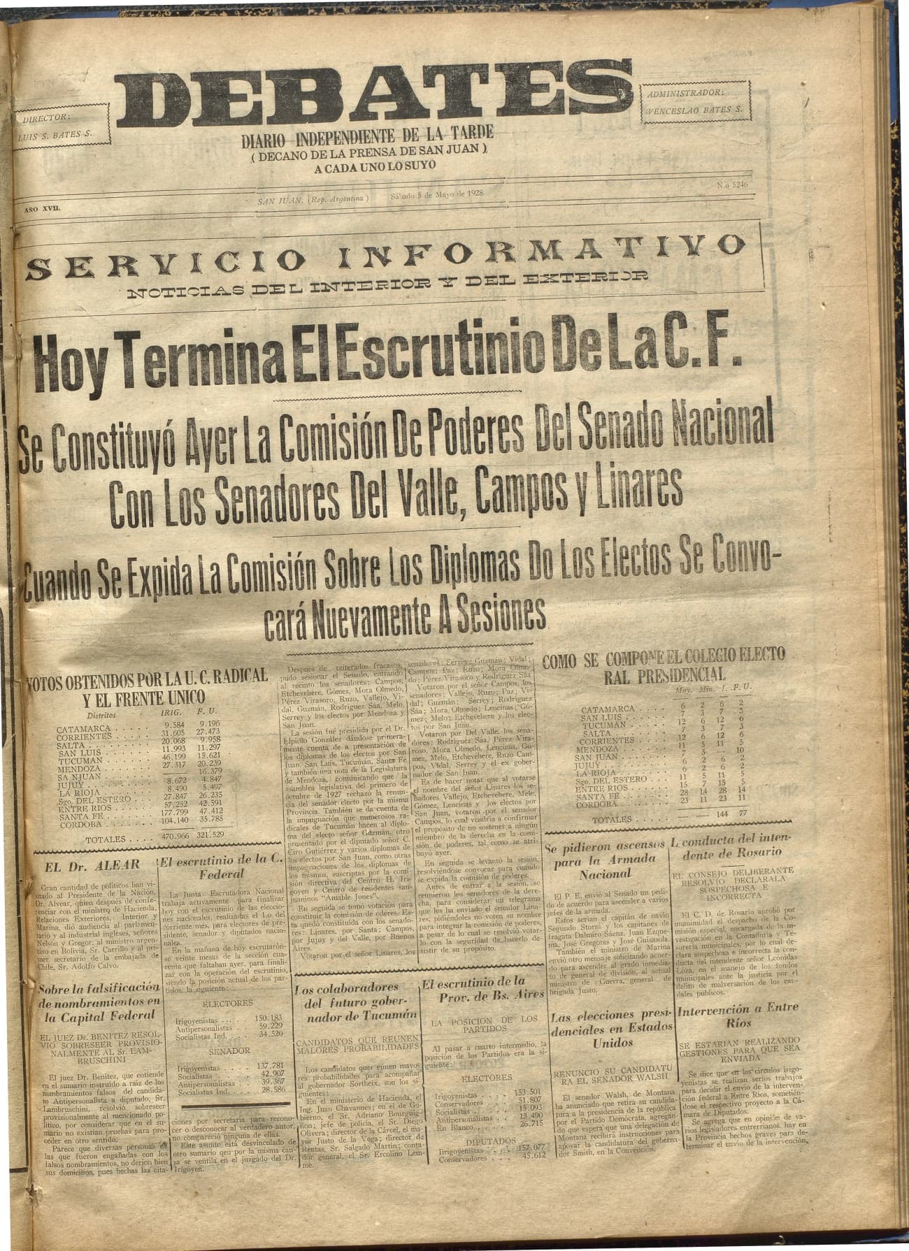 Portada · Diario Debates del 5 de mayo de 1928