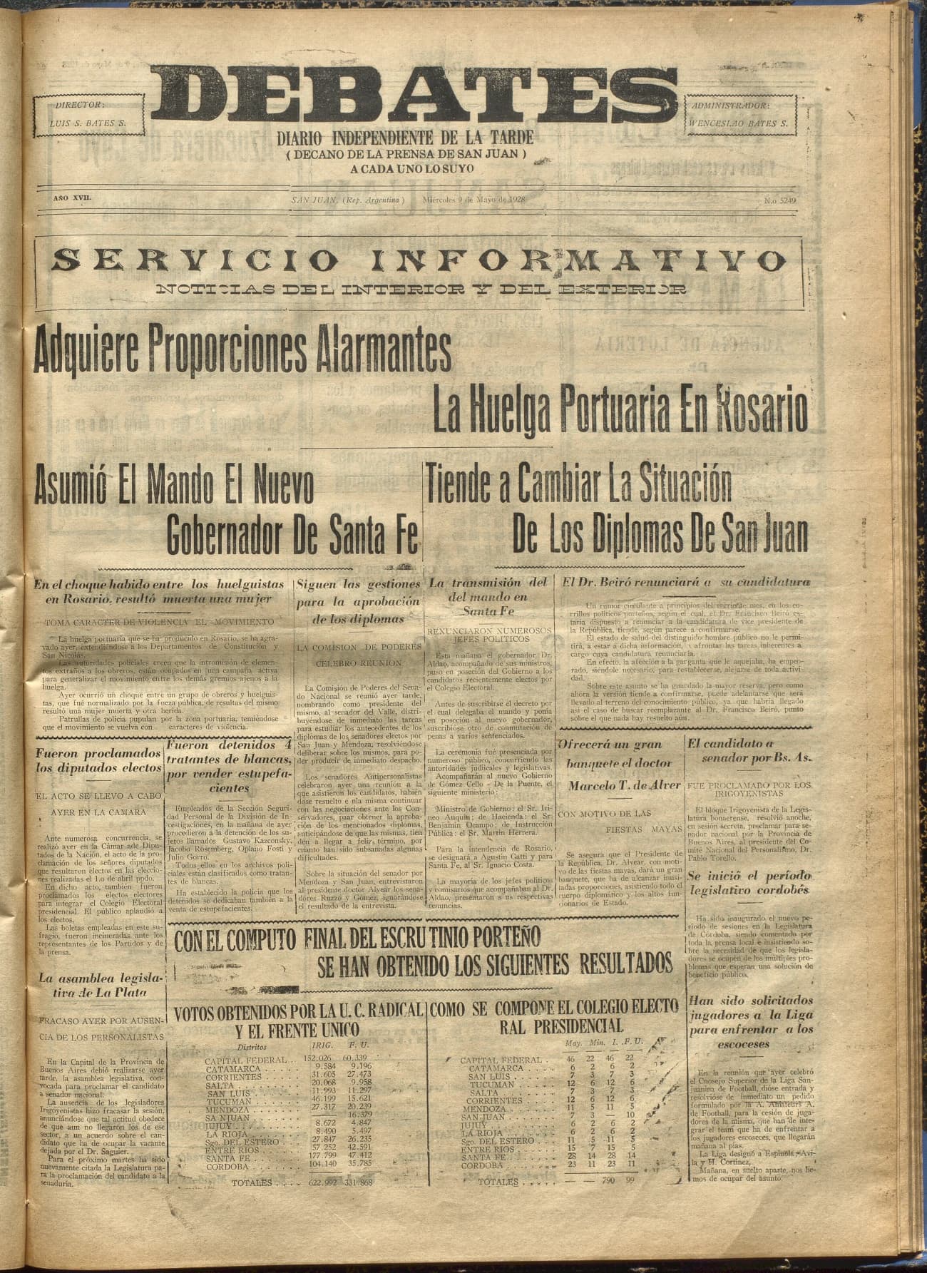Portada · Diario Debates del 9 de mayo de 1928