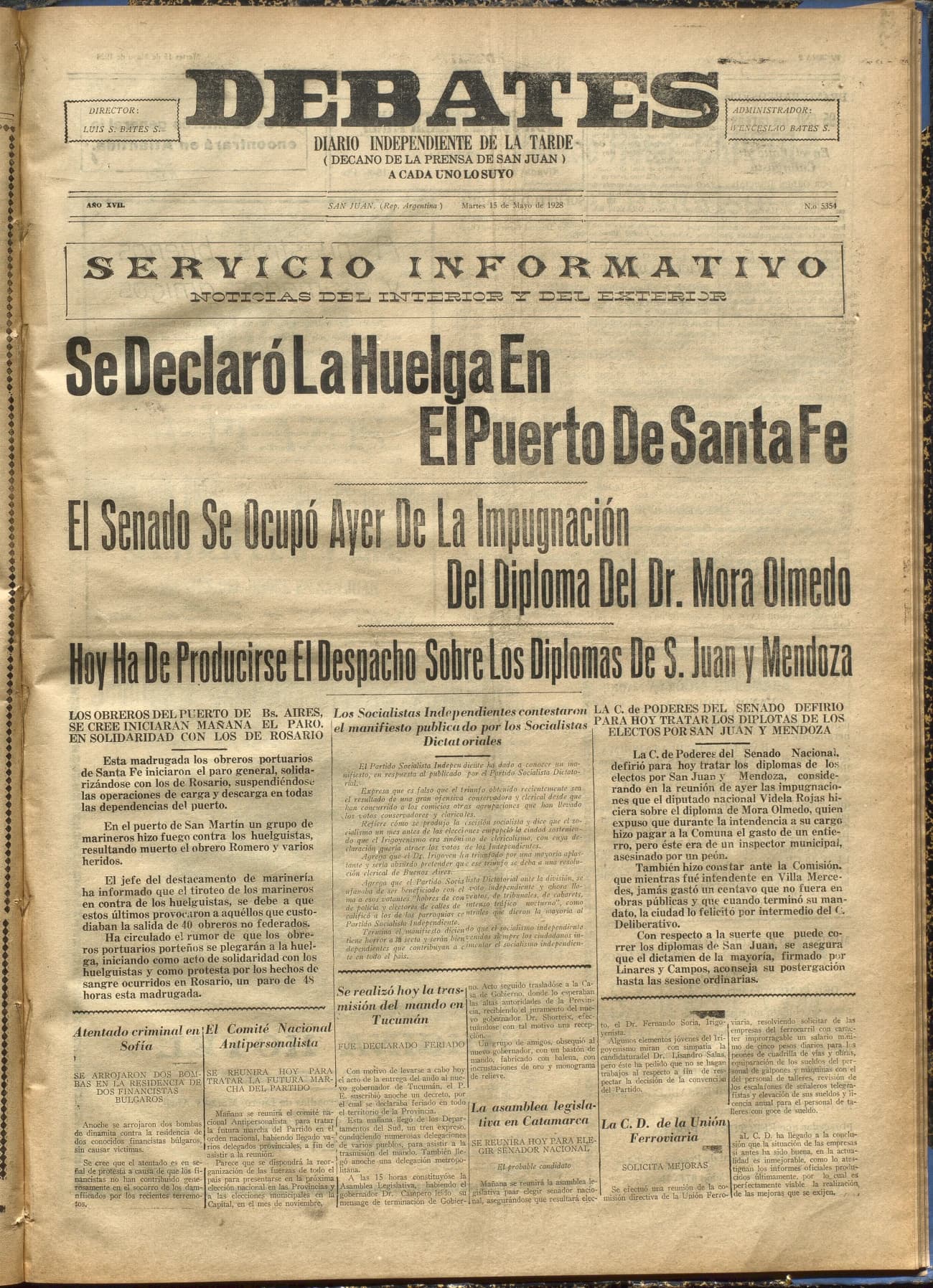 Portada · Diario Debates del 15 de mayo de 1928