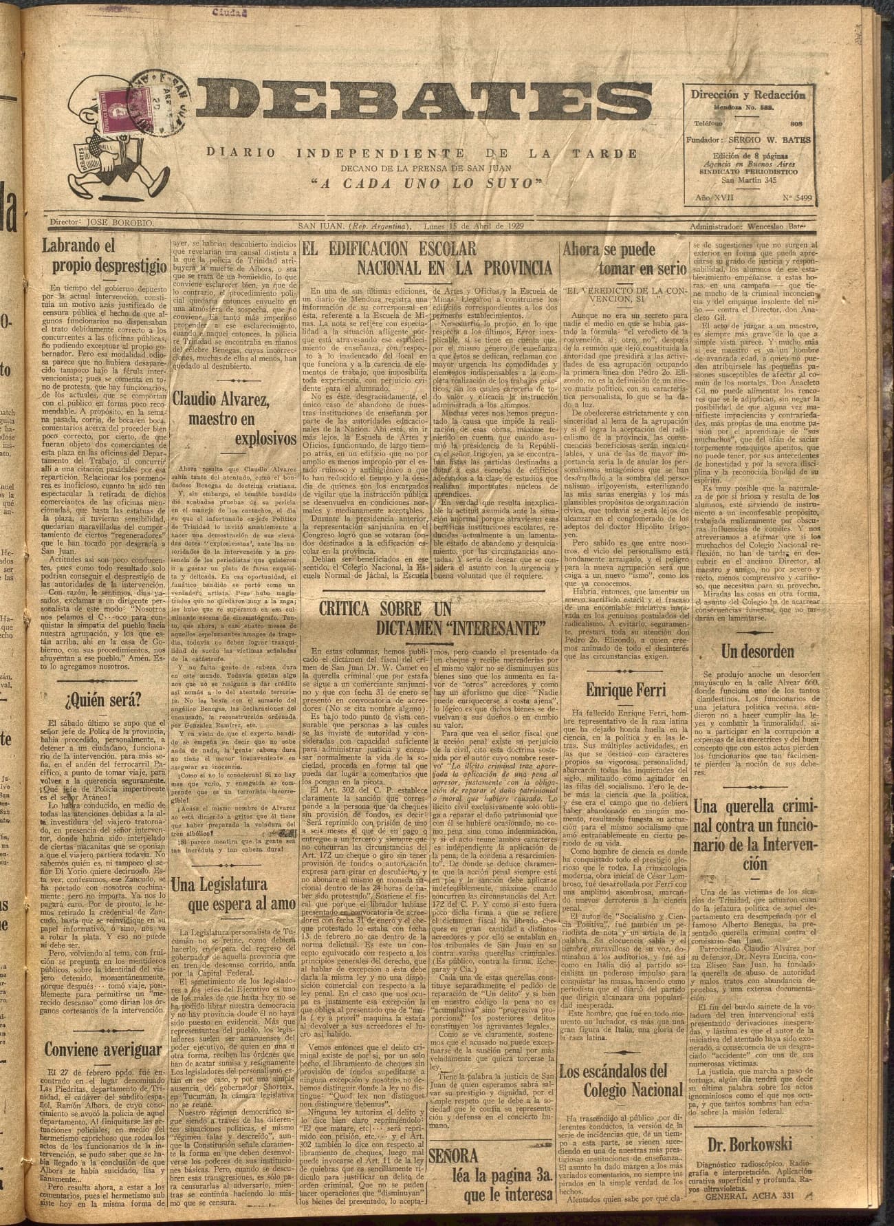 Portada · Diario Debates del 15 de abril de 1929