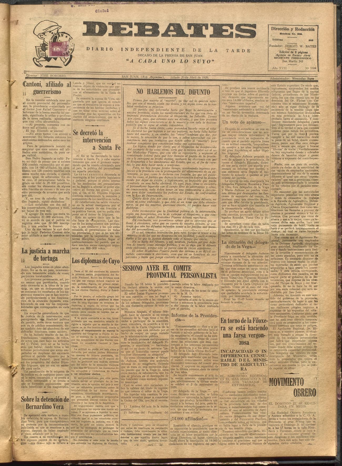 Portada · Diario Debates del 20 de abril de 1929
