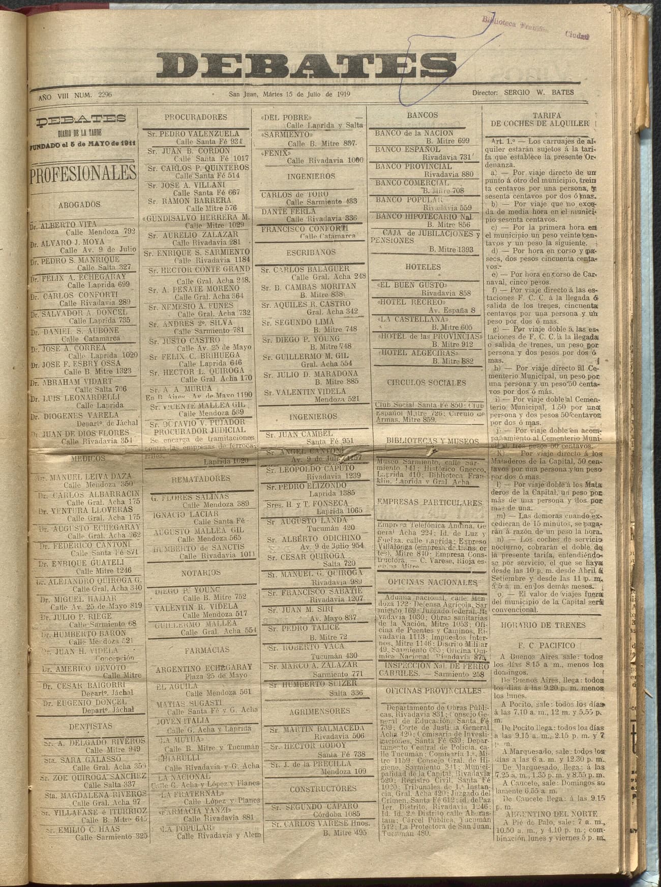 Portada · Diario Debates del 15 de julio de 1919